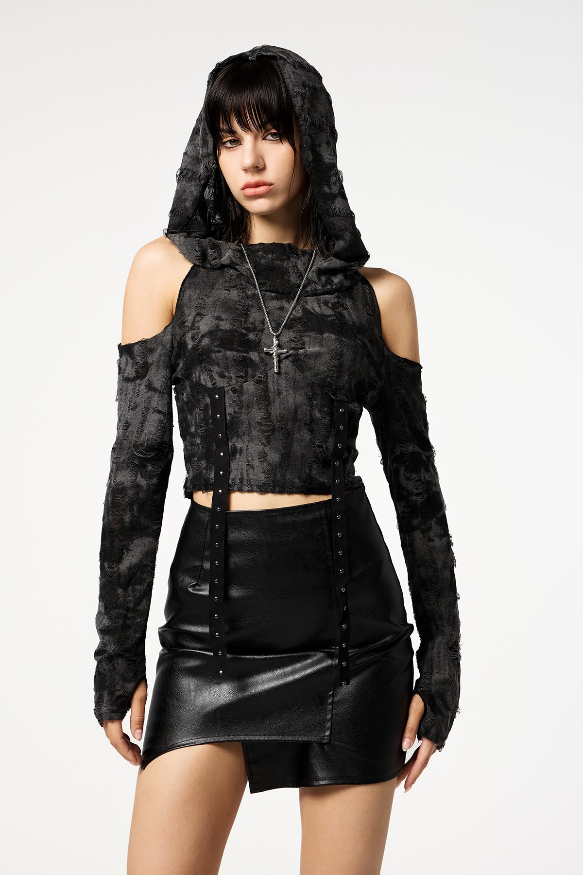 Mono Print Off Shoulder Hooded Top