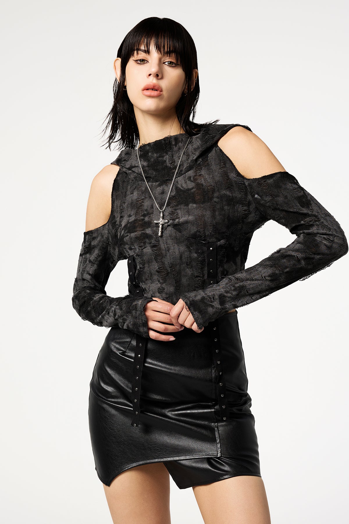 Mono Print Off Shoulder Hooded Top