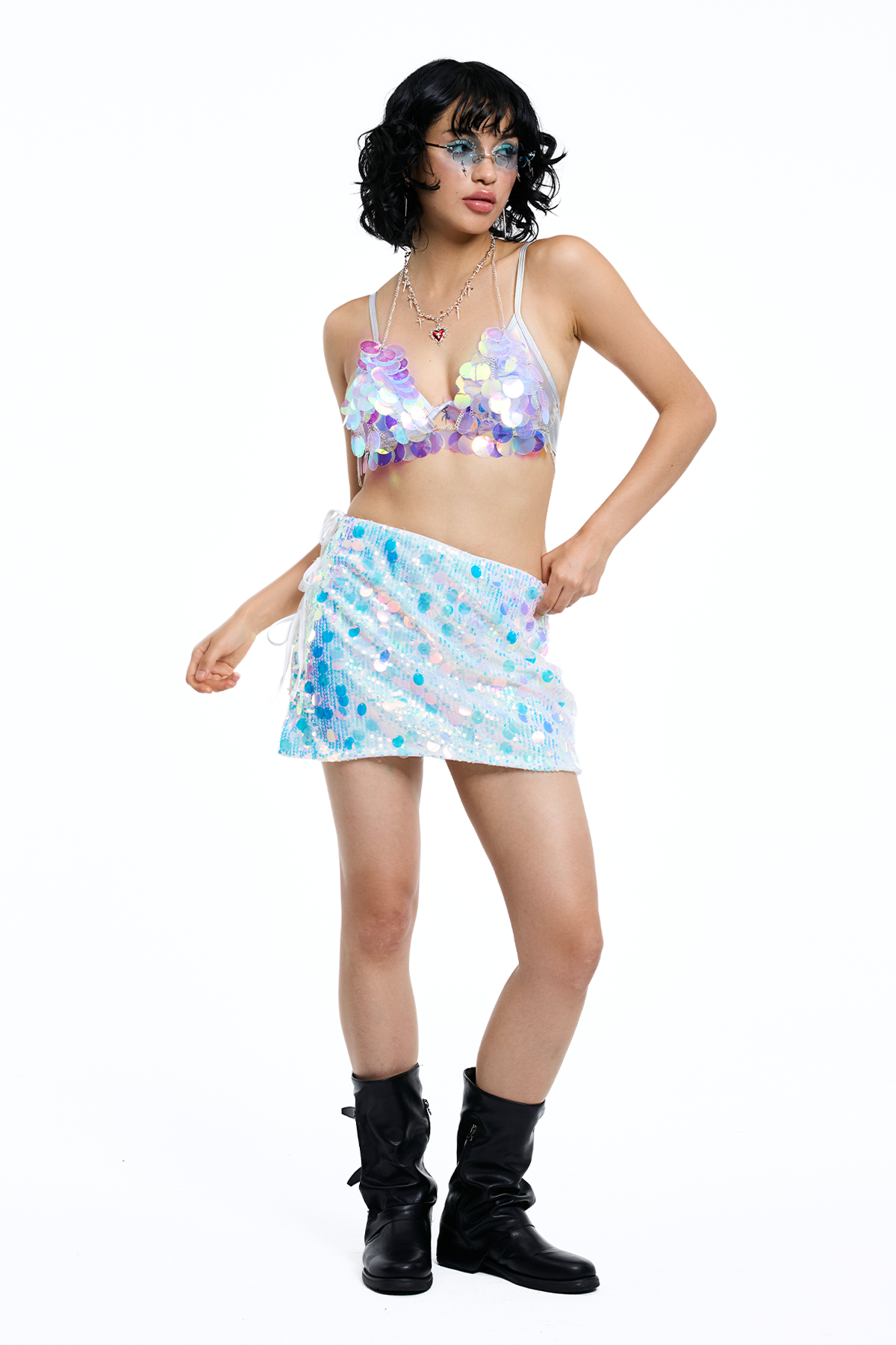 Multicolor Brooch Halter Neck Sequin Top