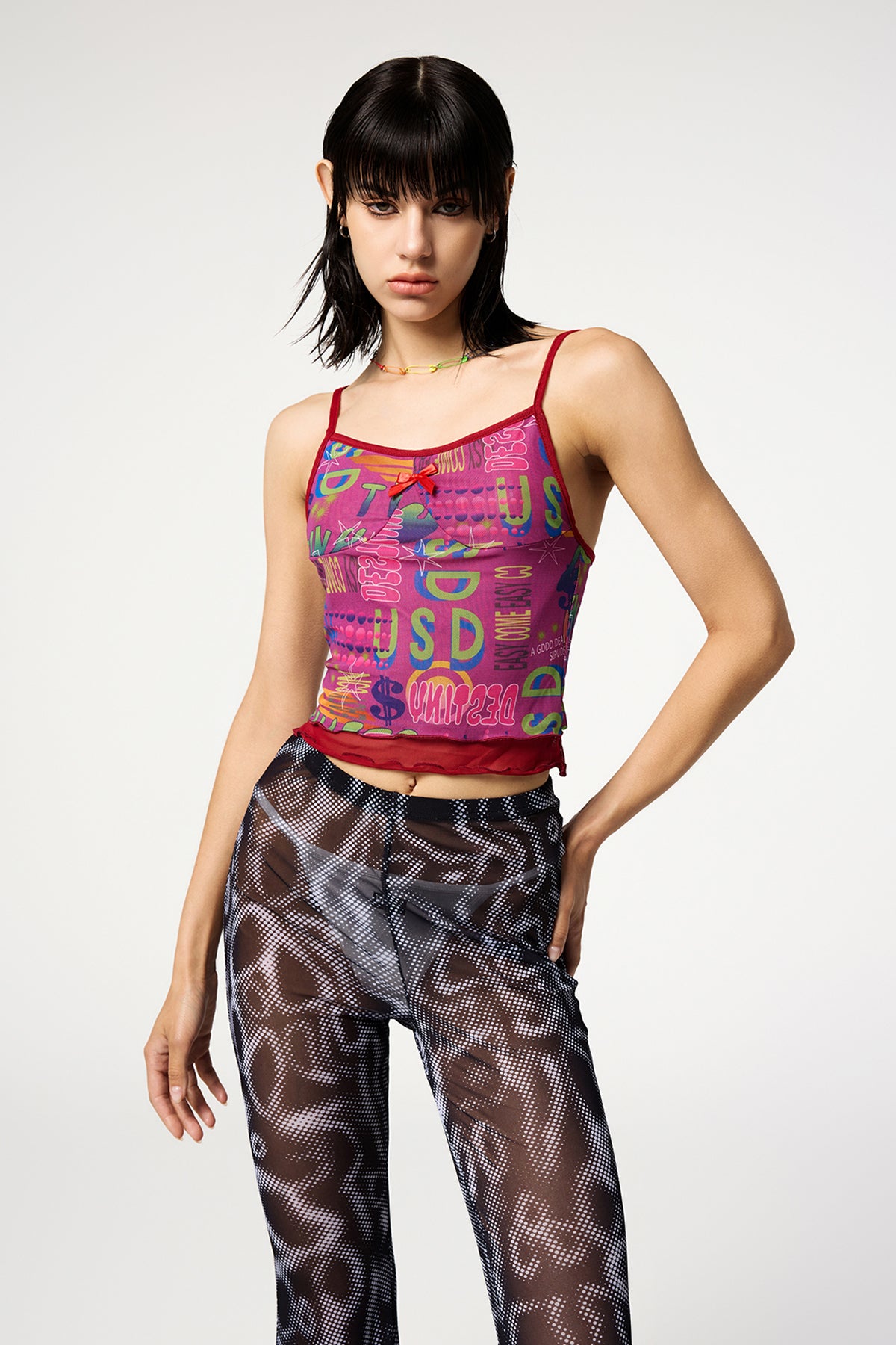 Neon Doll Y2K Mesh Printed Spaghetti Top