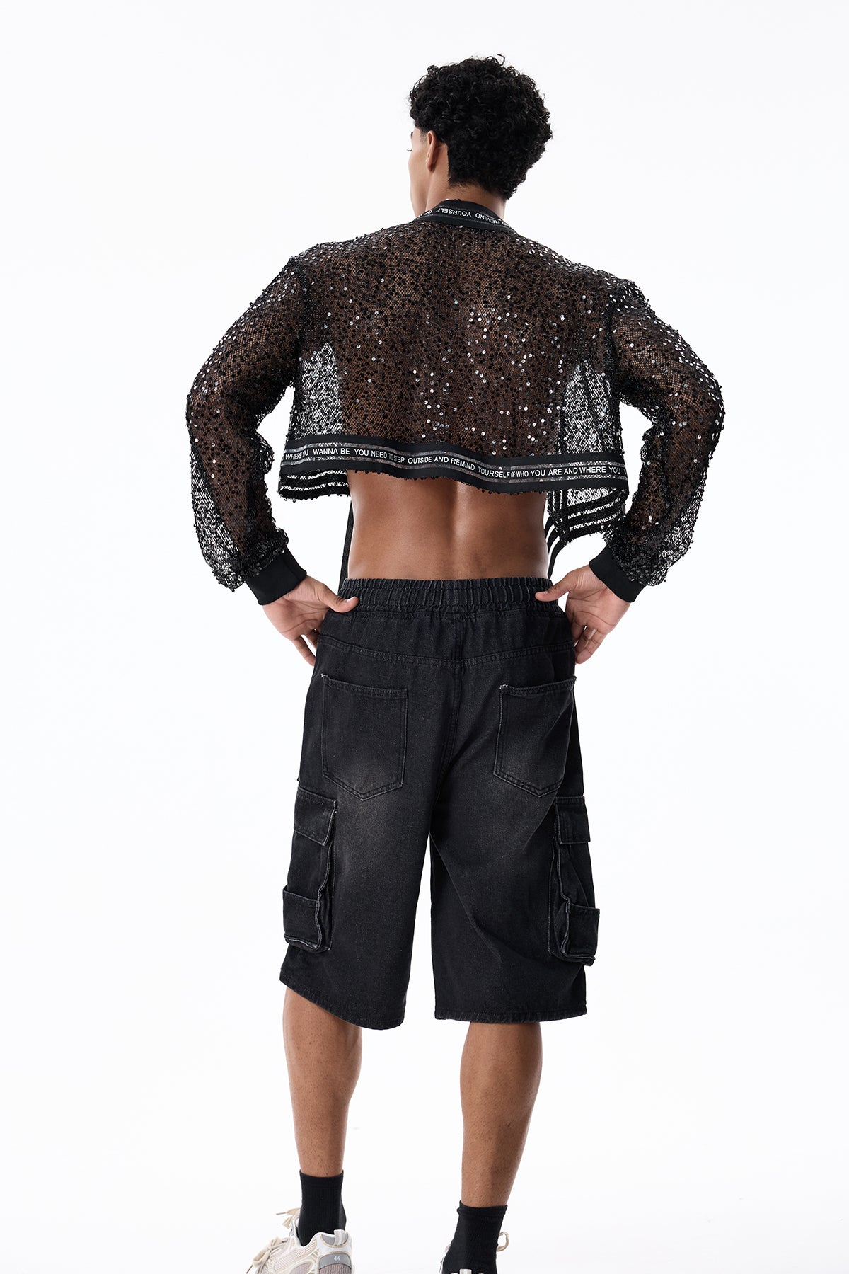 Net Alloy Sequin Crop Jacket Black