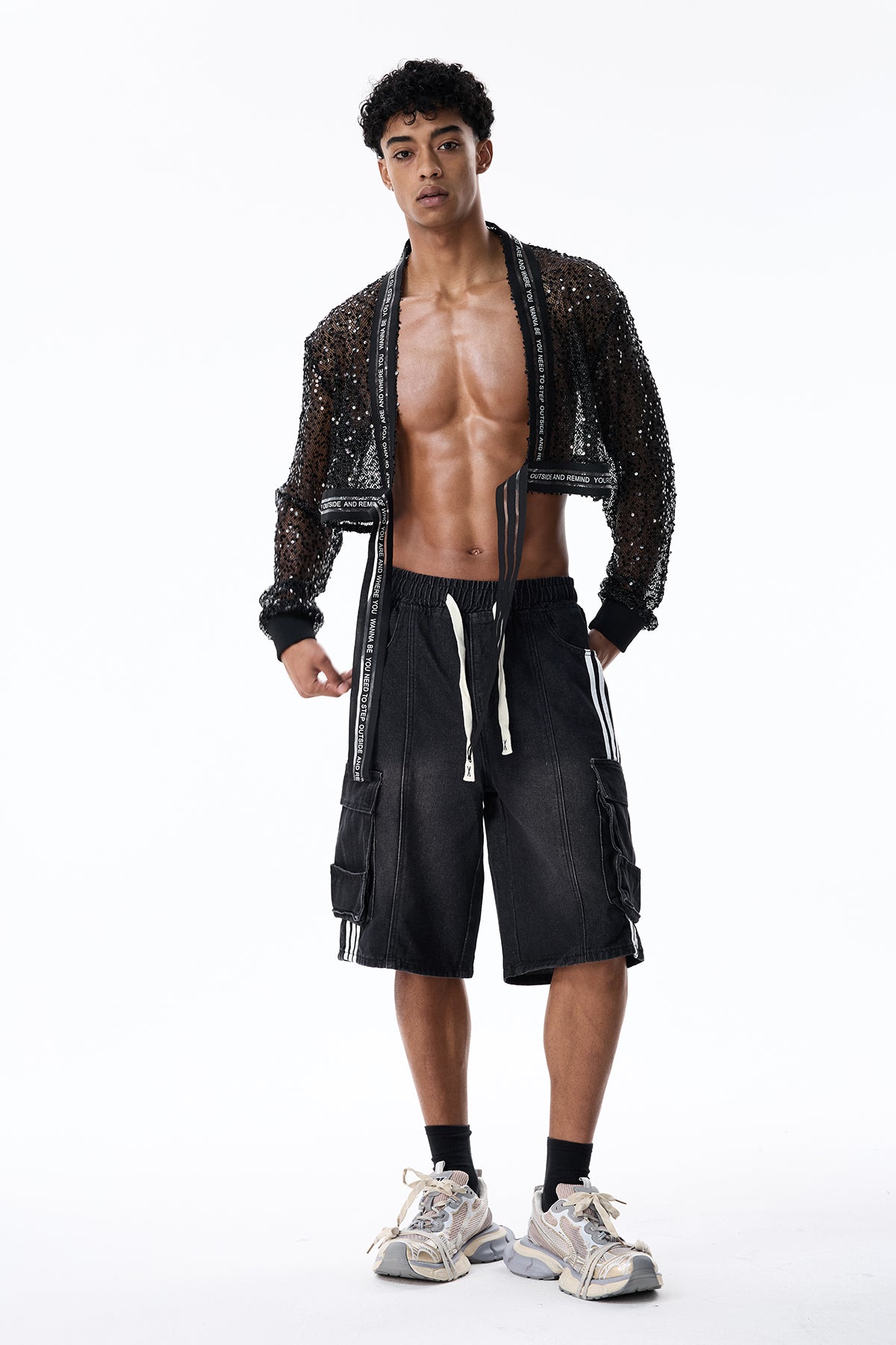 Net Alloy Sequin Crop Jacket Black