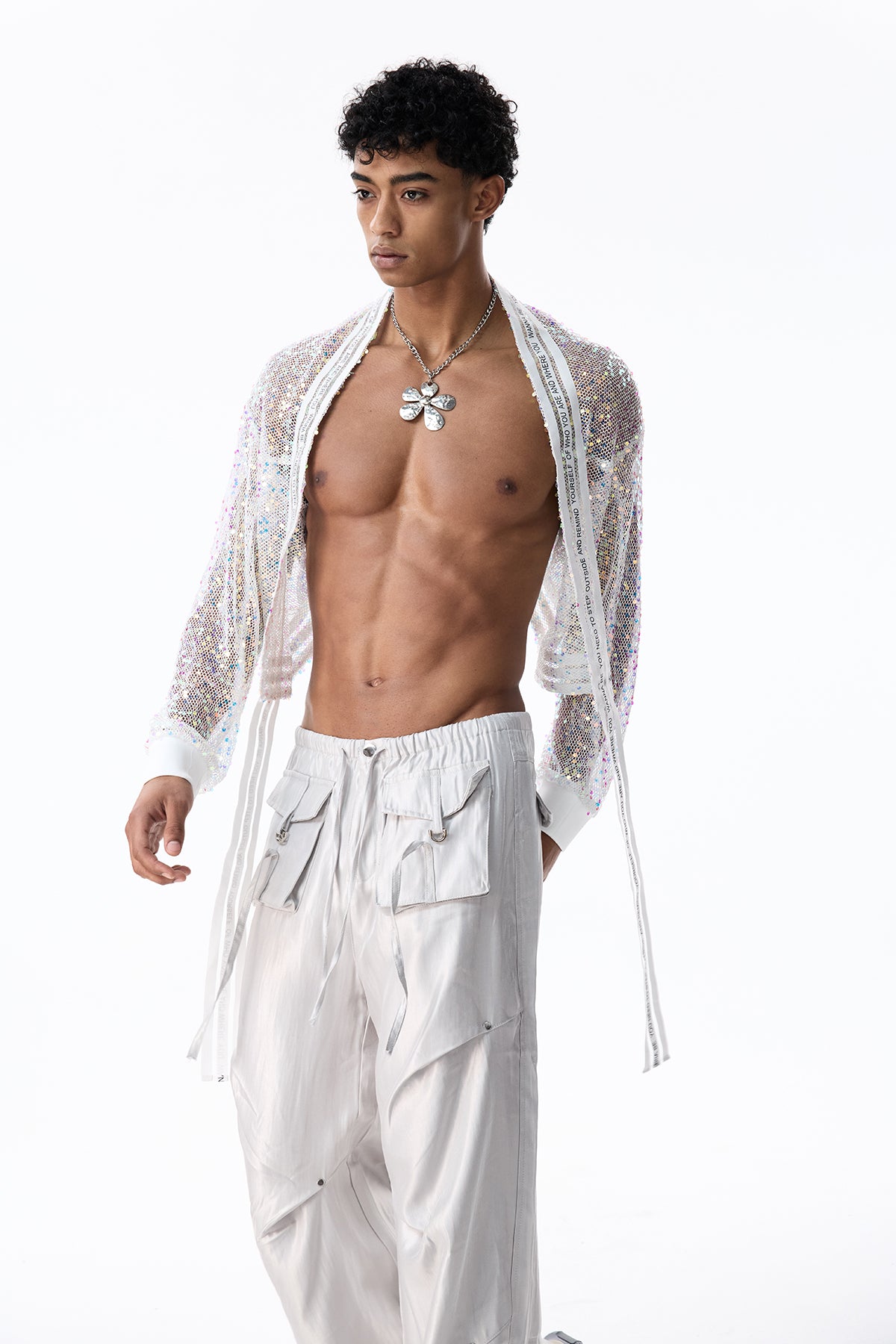 Net Alloy Sequin Crop Jacket White