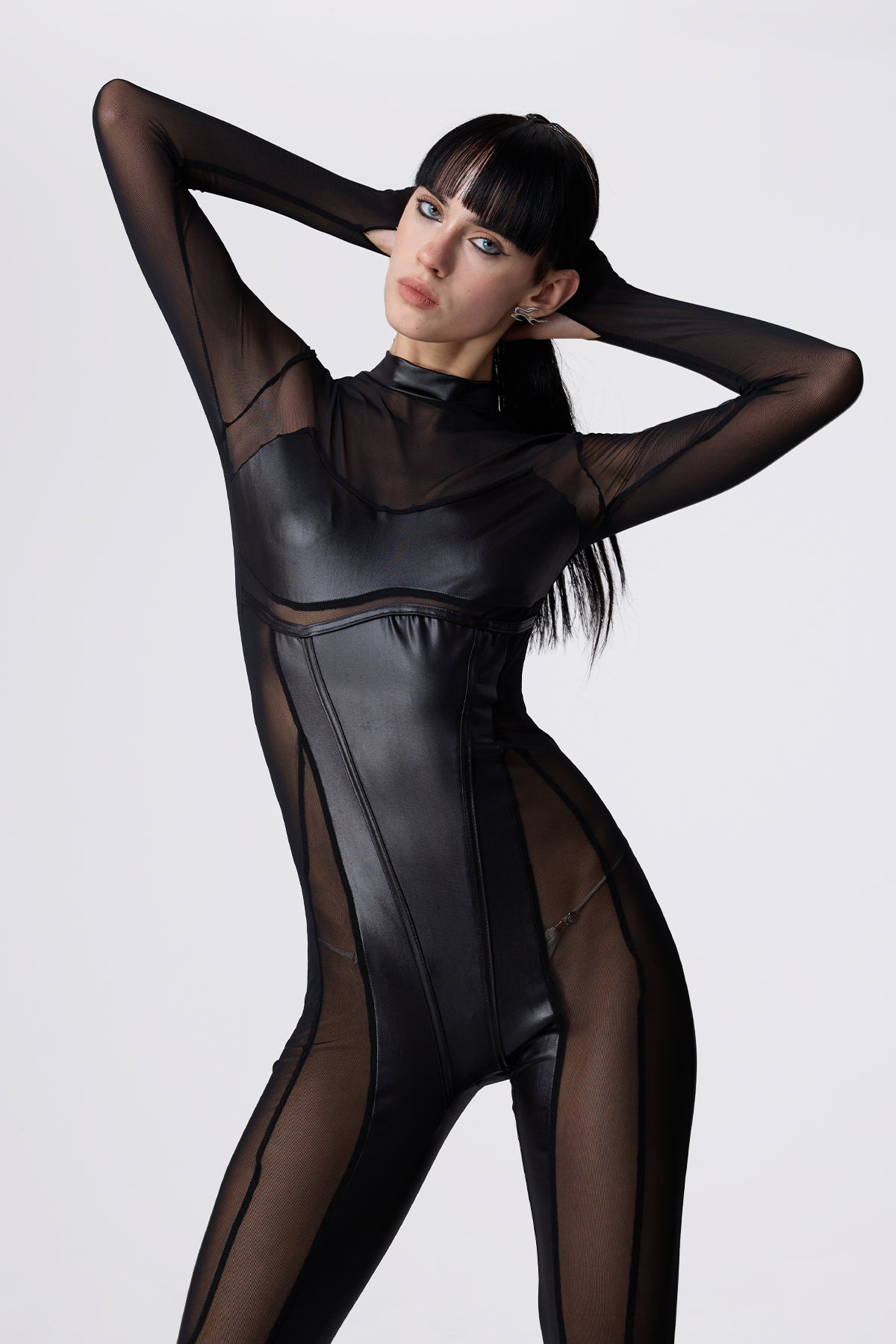 Net Contrast Mesh Long Sleeve Jumpsuit