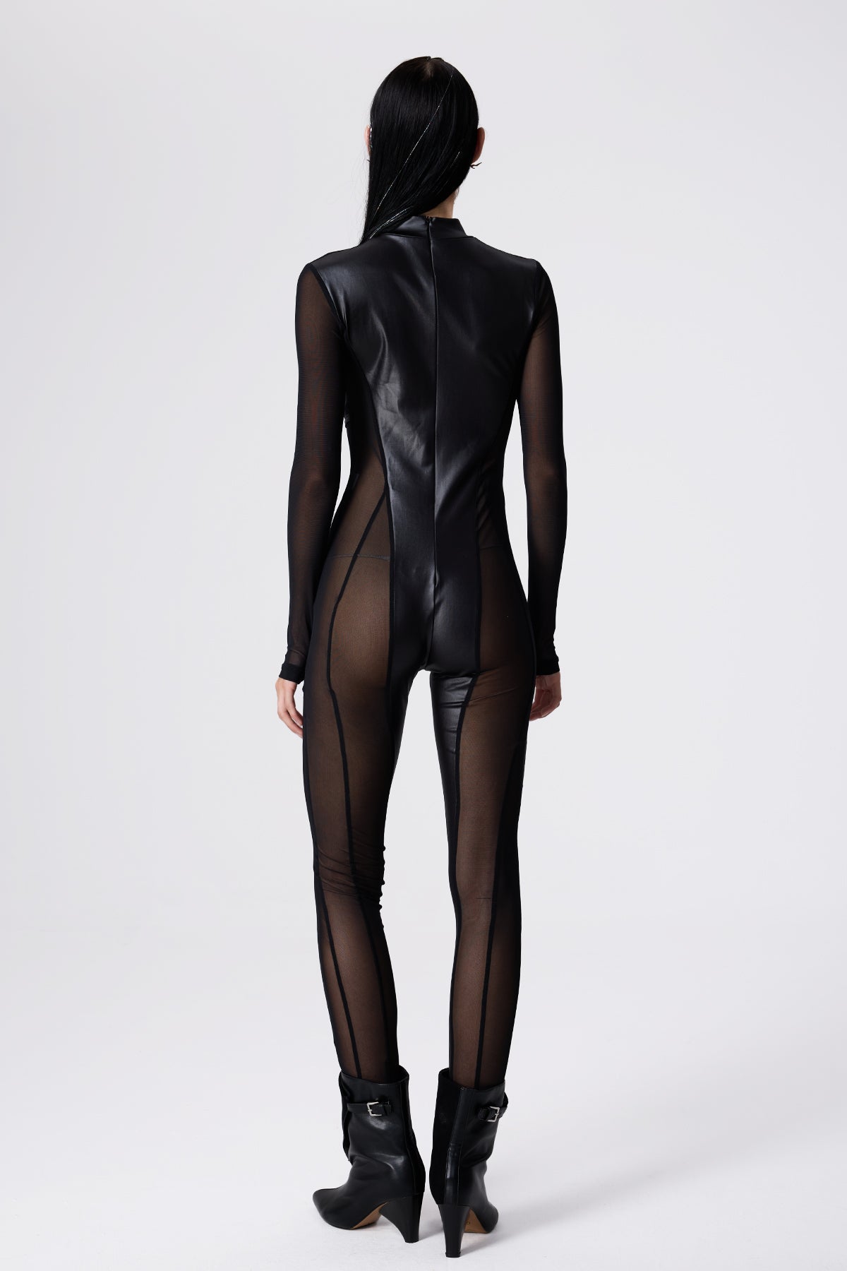 Net Contrast Mesh Long Sleeve Jumpsuit
