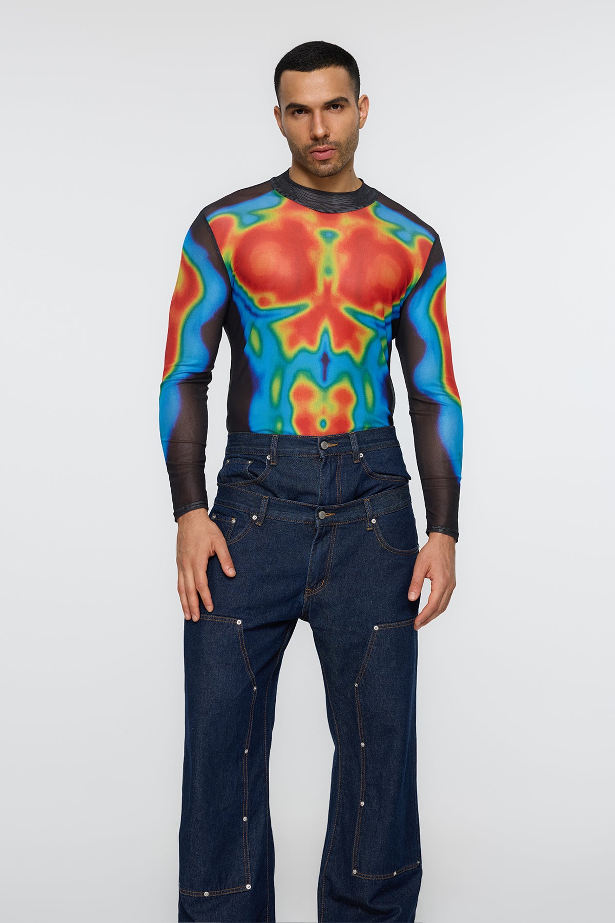 Neutral Graft Long Sleeve Print Mesh Top Blue