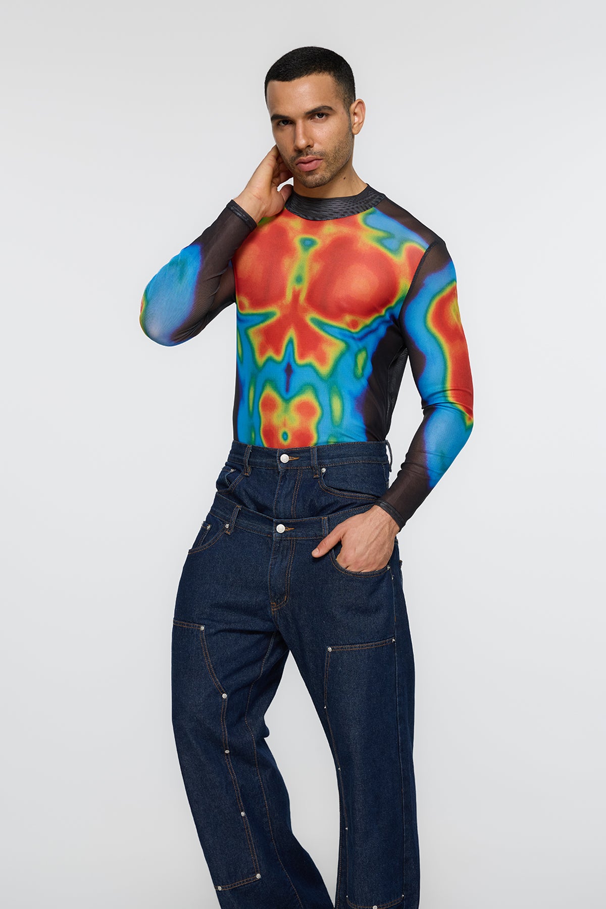 Neutral Graft Long Sleeve Print Mesh Top Blue