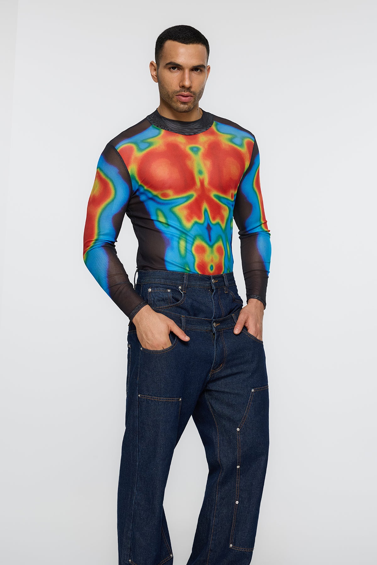 Neutral Graft Long Sleeve Print Mesh Top Blue