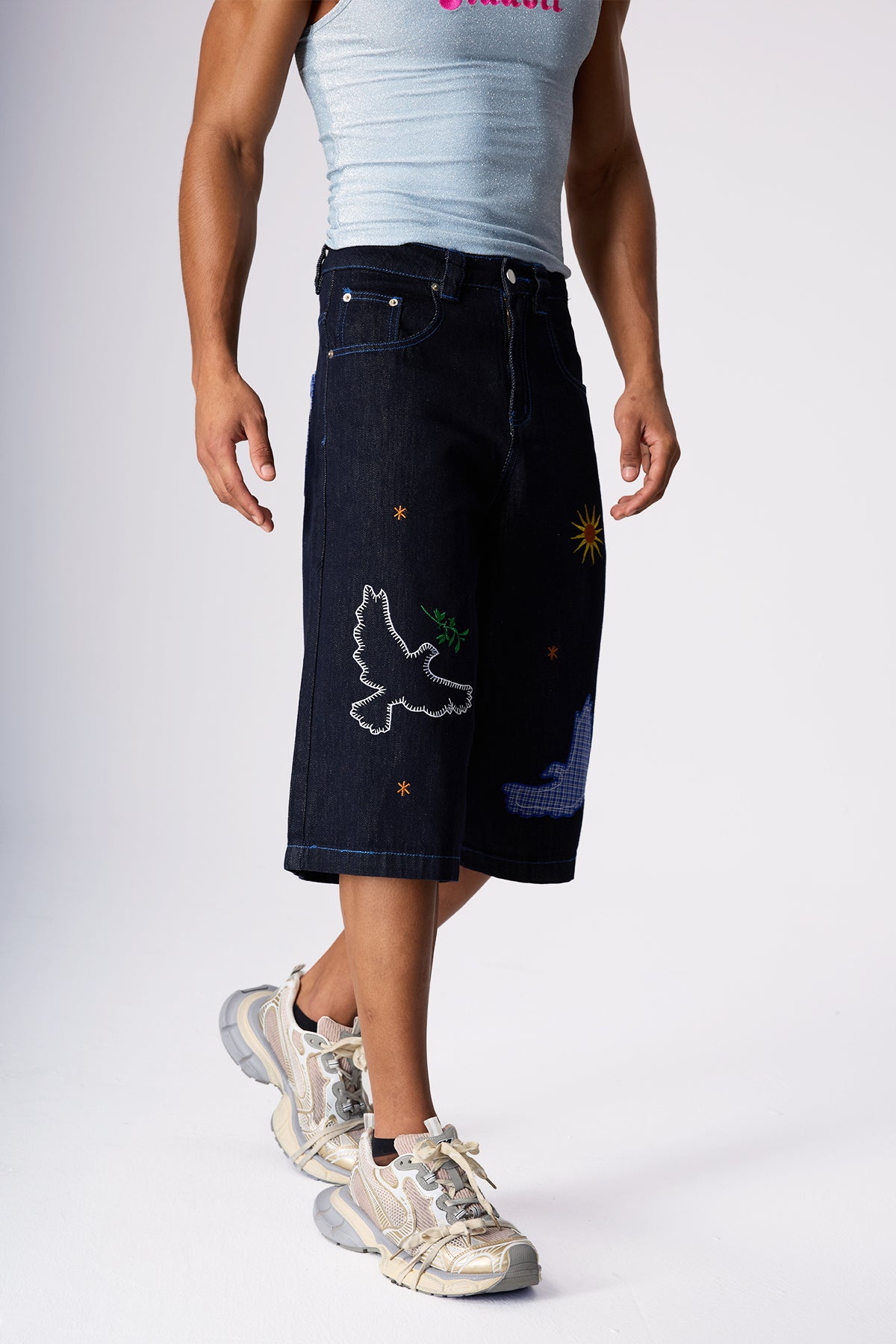 Night Transit Embroidery Straight Denim Shorts