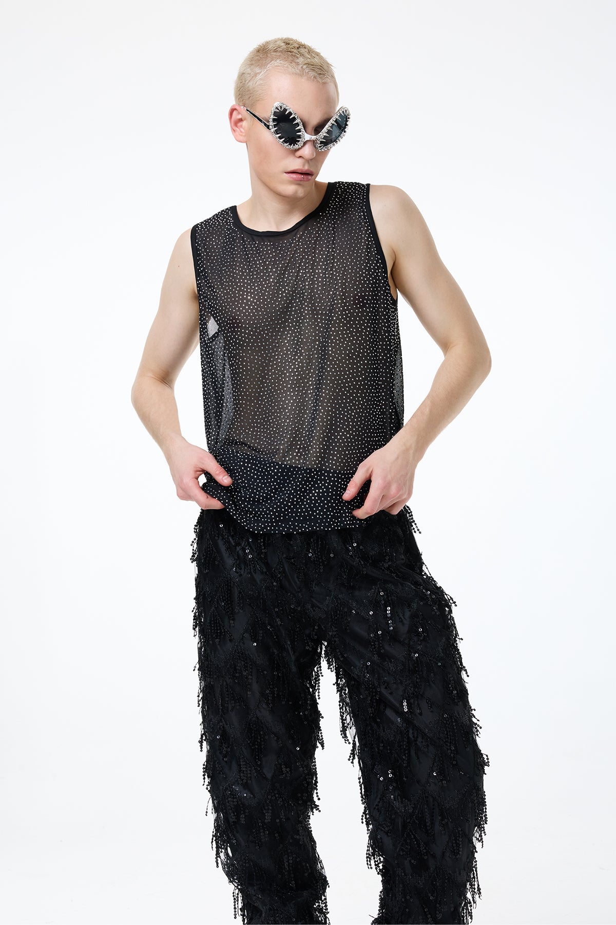 Night Web Sleeveless Mesh Rhinestone Top