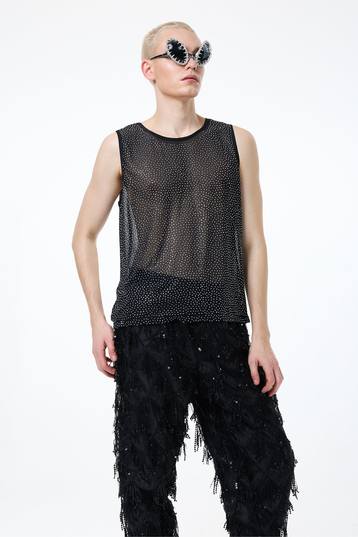 Night Web Sleeveless Mesh Rhinestone Top