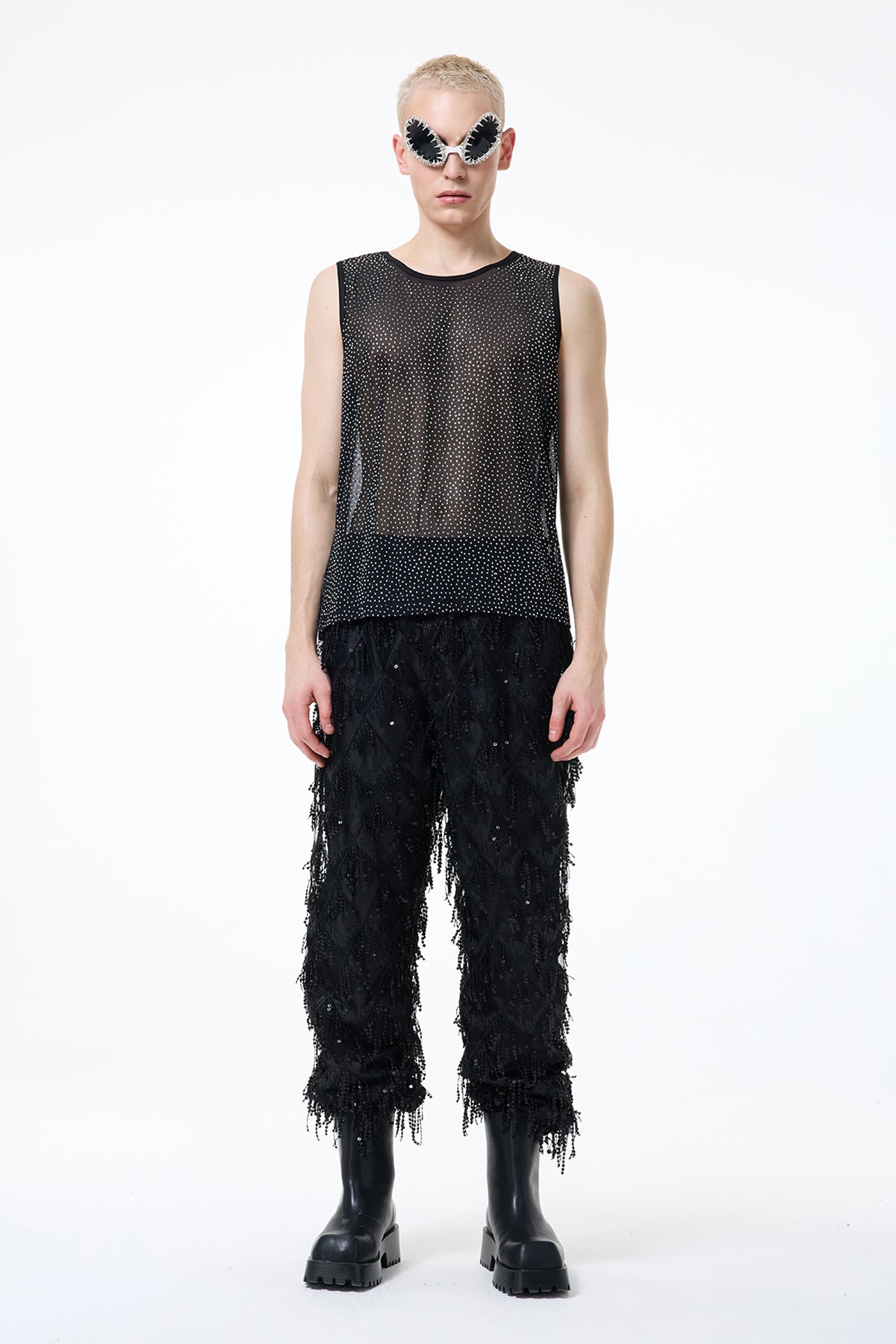 Night Web Sleeveless Mesh Rhinestone Top