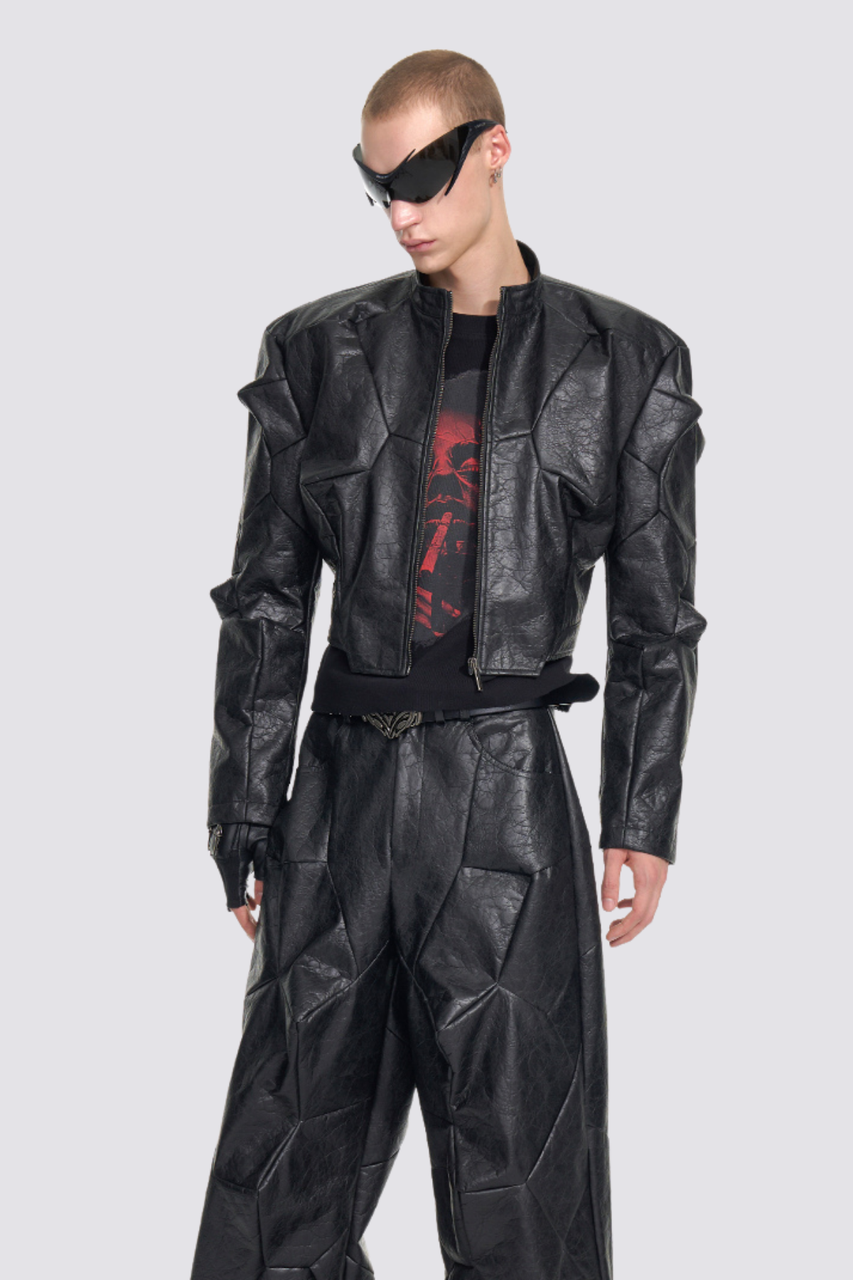 Noir Plate Leather Deconstructed Crop Jacket