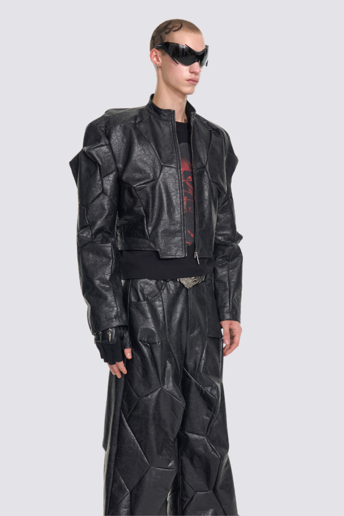 Noir Plate Leather Deconstructed Crop Jacket