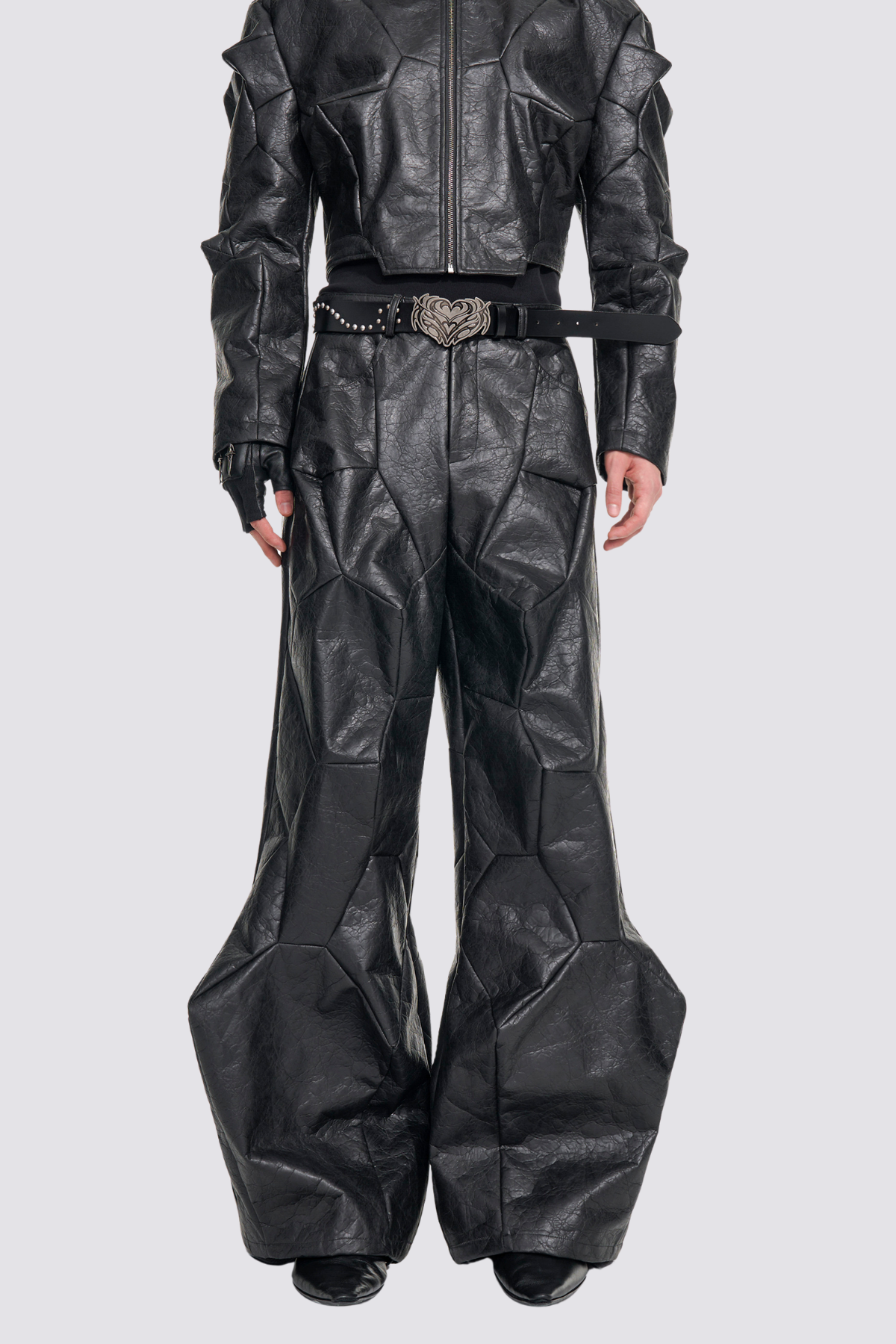 Noir Plate Leather Deconstructed Wide Leg Pants