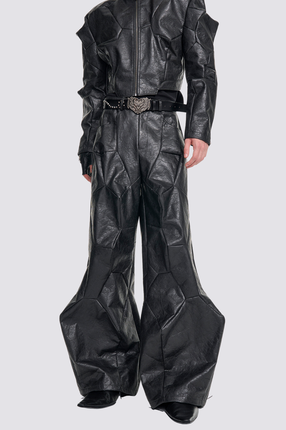Noir Plate Leather Deconstructed Wide Leg Pants