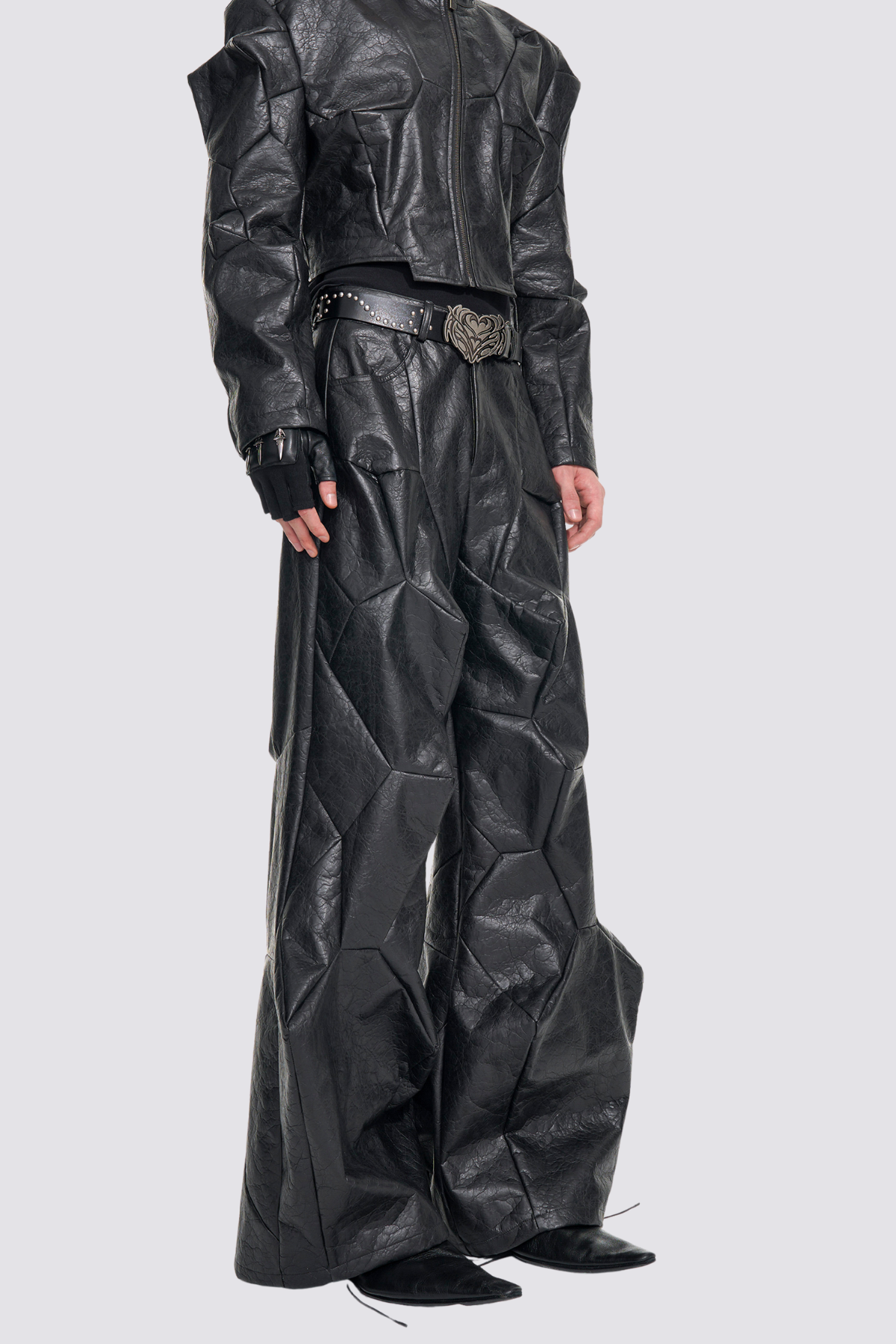 Noir Plate Leather Deconstructed Wide Leg Pants