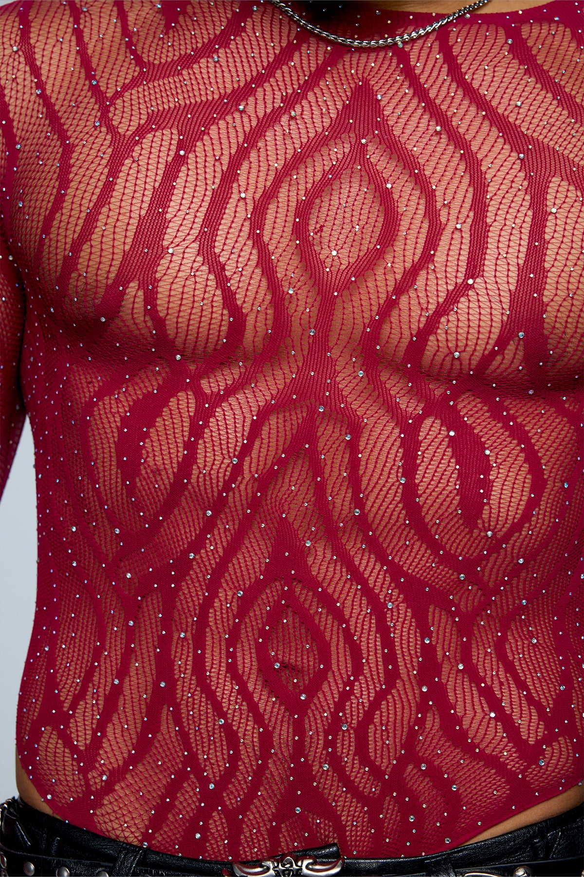 Nova Stud Rhinestone Cutout Long Sleeve Bodysuit Wine