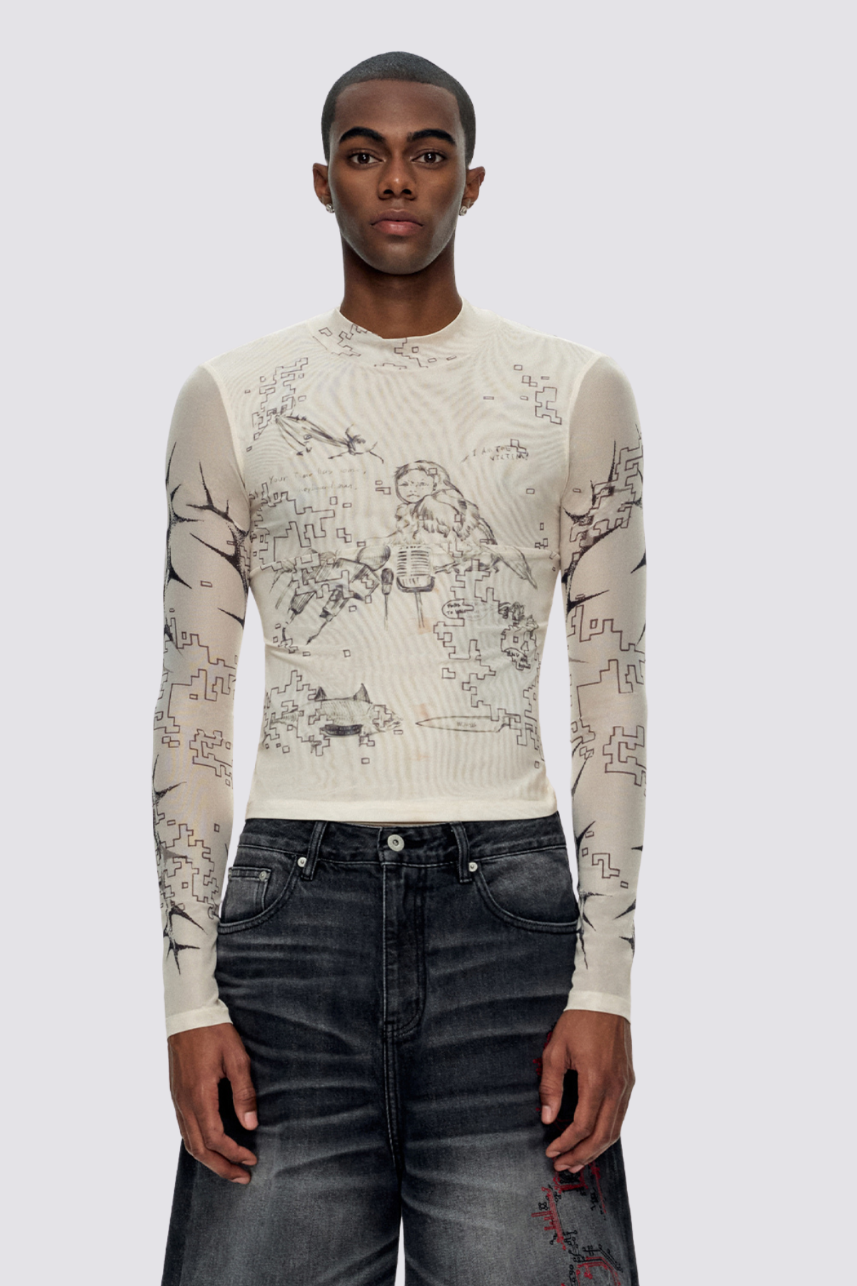 Nude Glint Print Mesh Long Sleeve Top