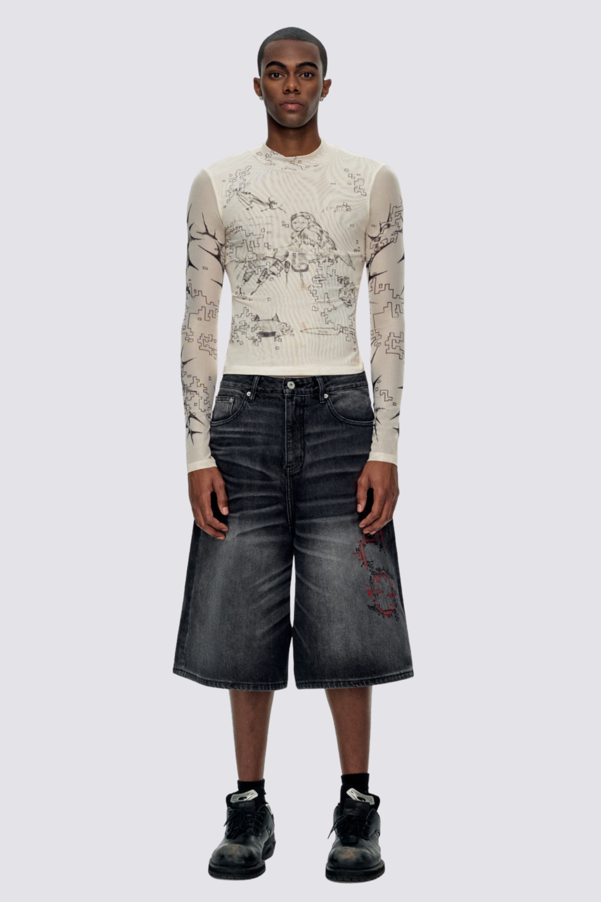 Nude Glint Print Mesh Long Sleeve Top