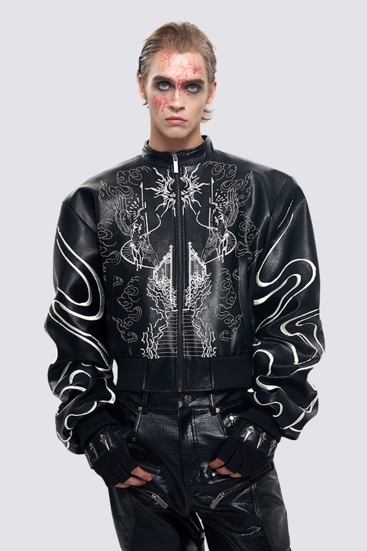 Null Latch Embroidery Leather Crop Jacket