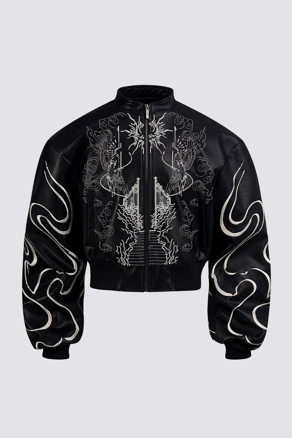Null Latch Embroidery Leather Crop Jacket