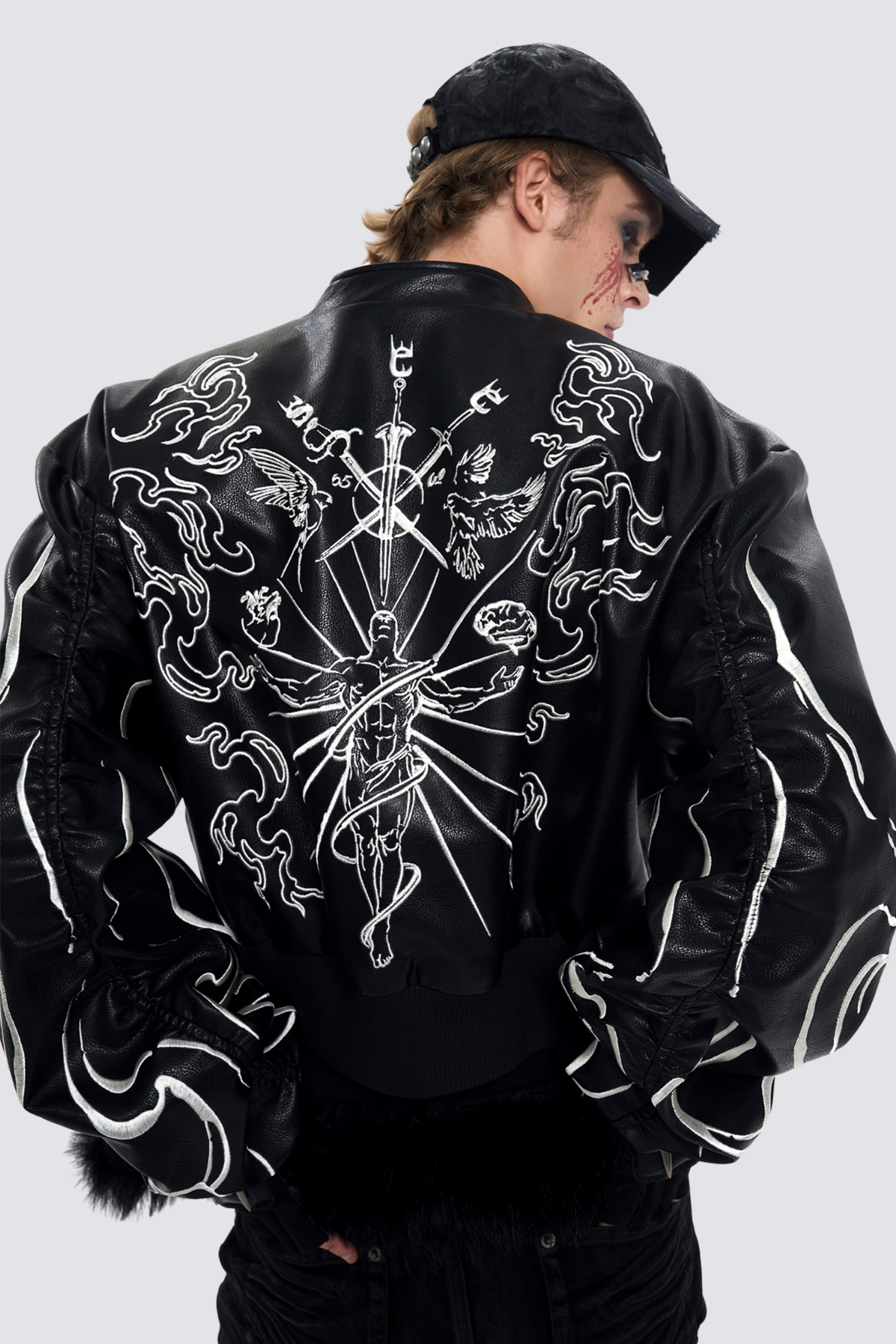 Null Latch Embroidery Leather Crop Jacket