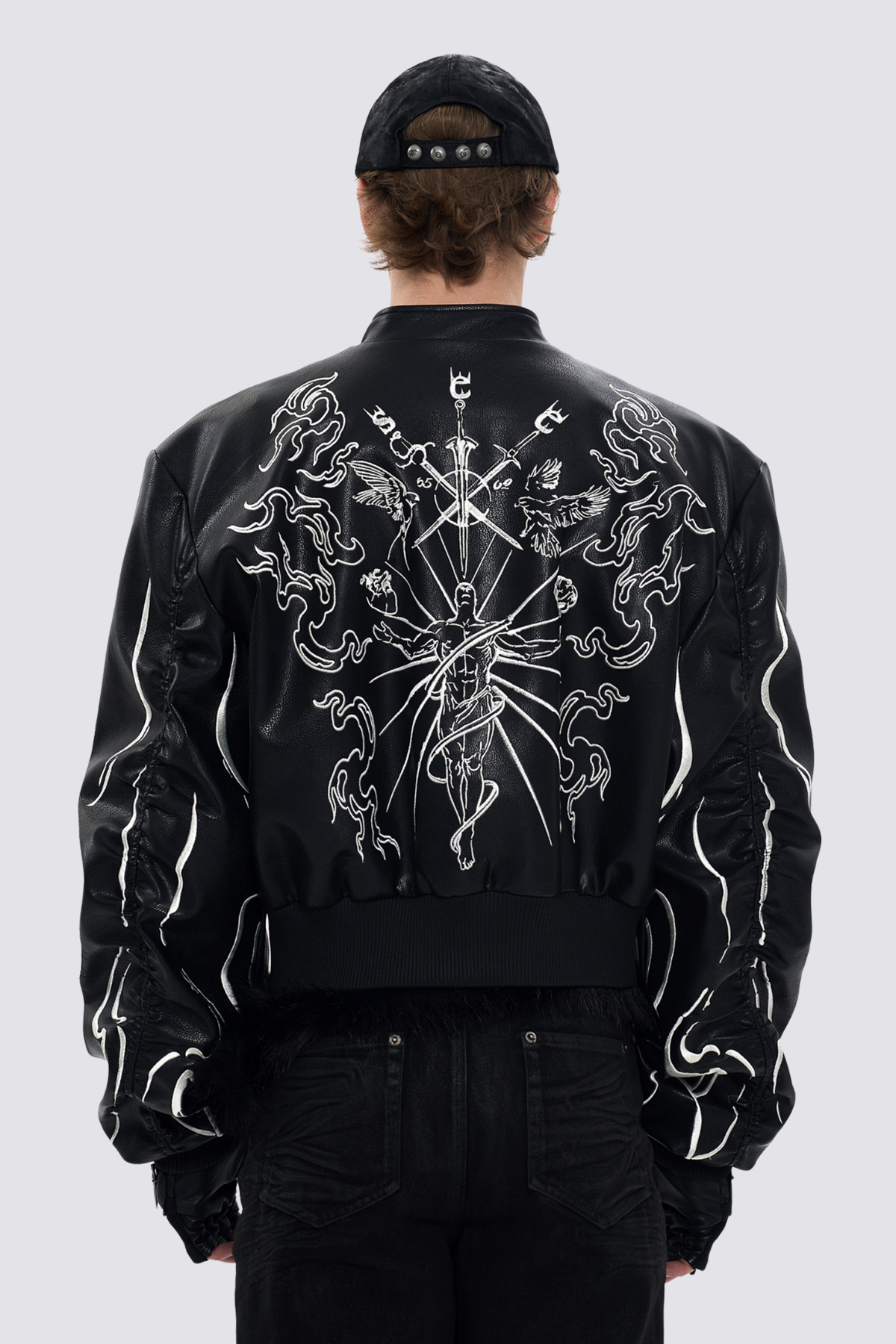 Null Latch Embroidery Leather Crop Jacket