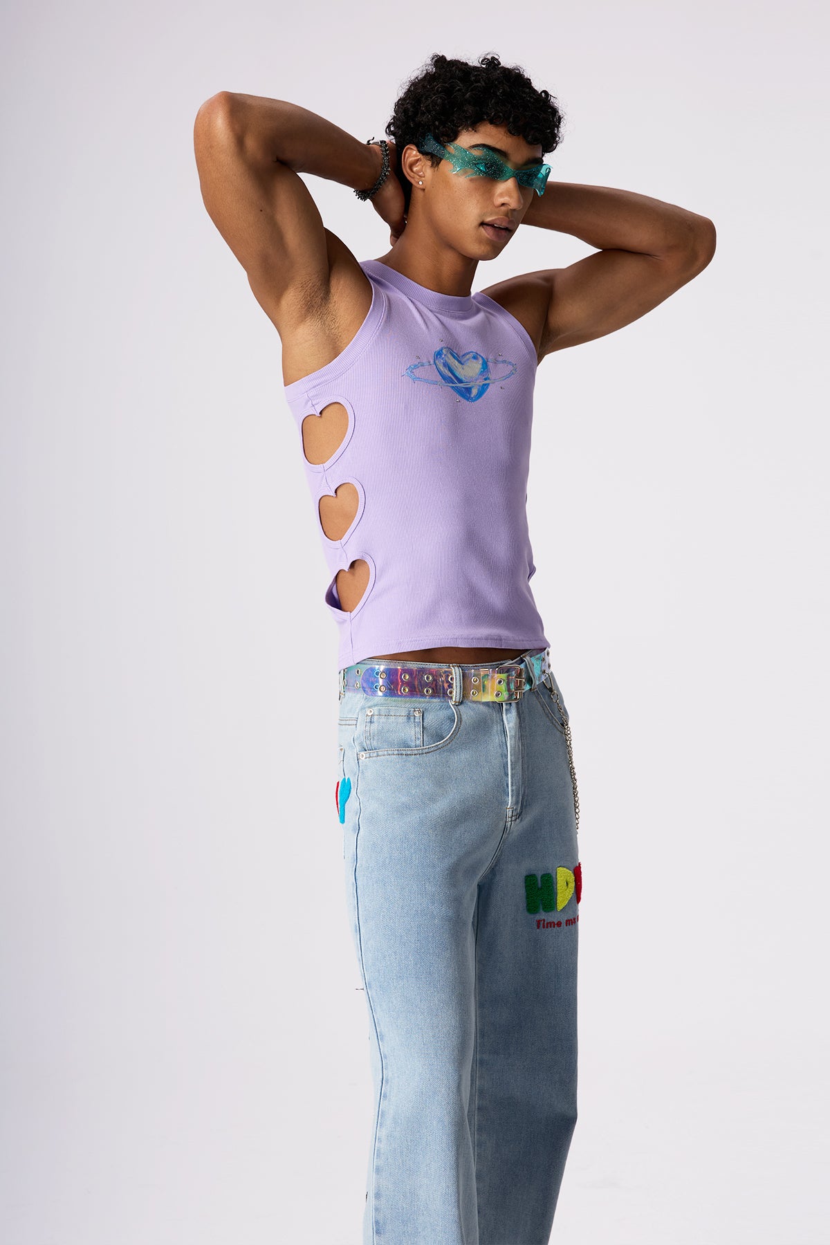 Off Line Heart Print Cutout Top
