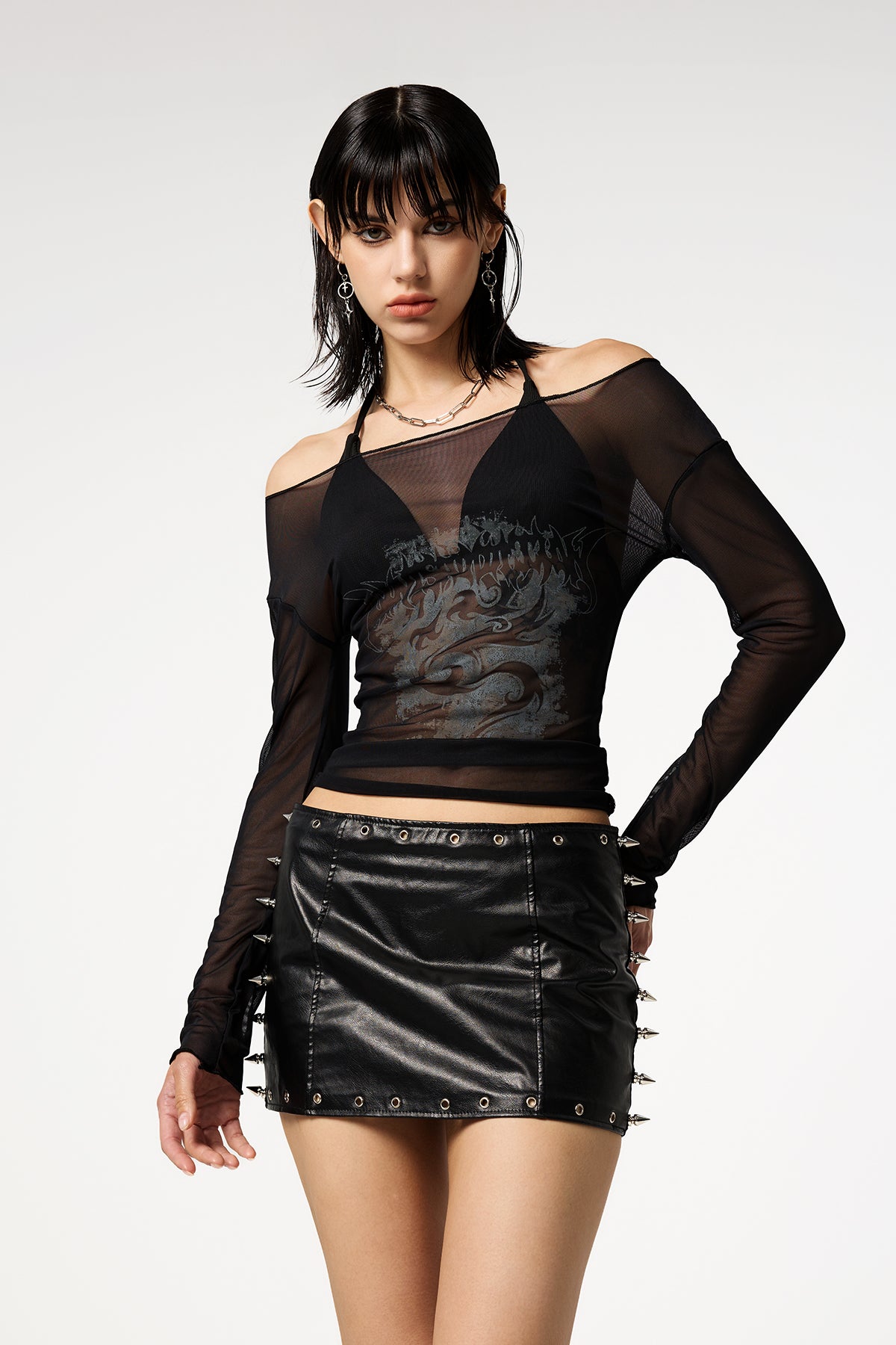 Open Frame Off Shoulder Mesh Ruffle Top