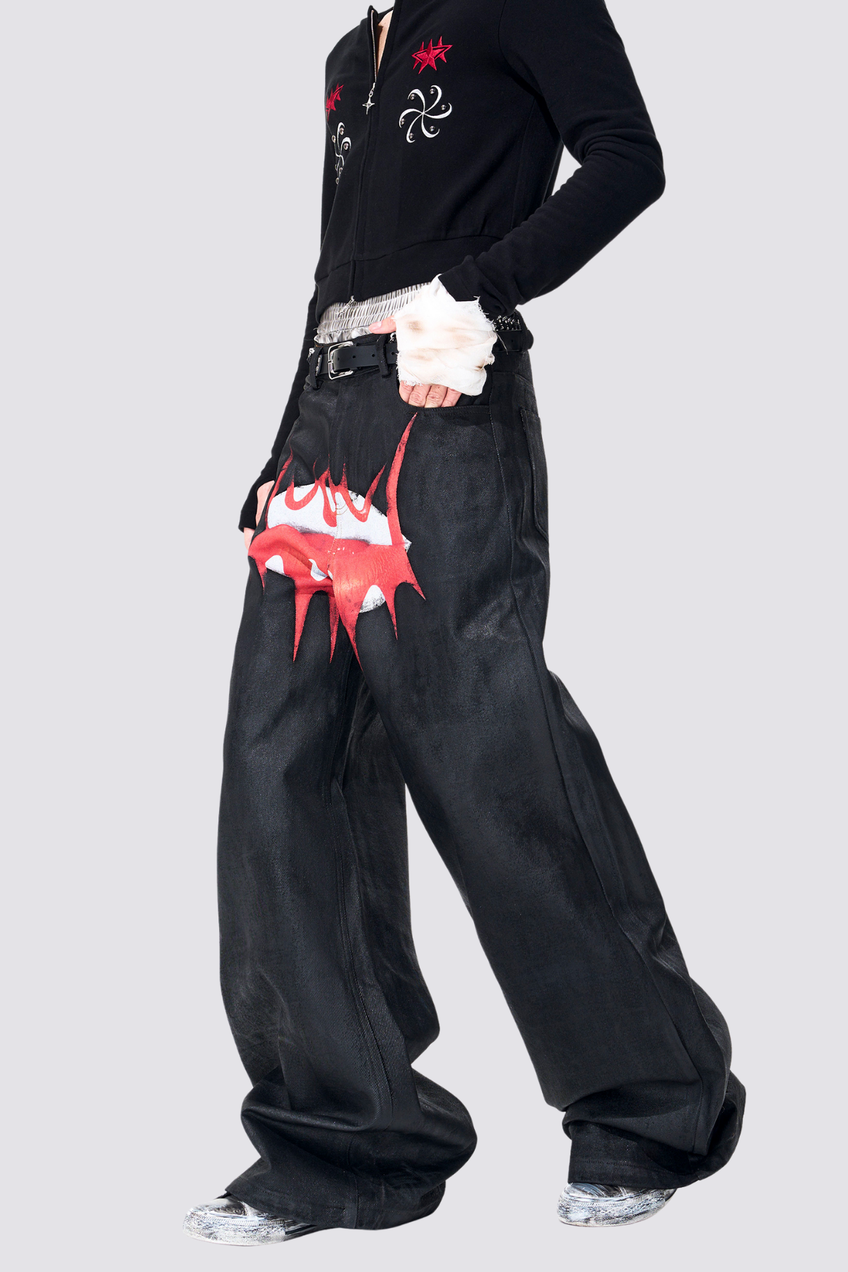 Pale Current Red Lip Rrint Wide Leg Jeans