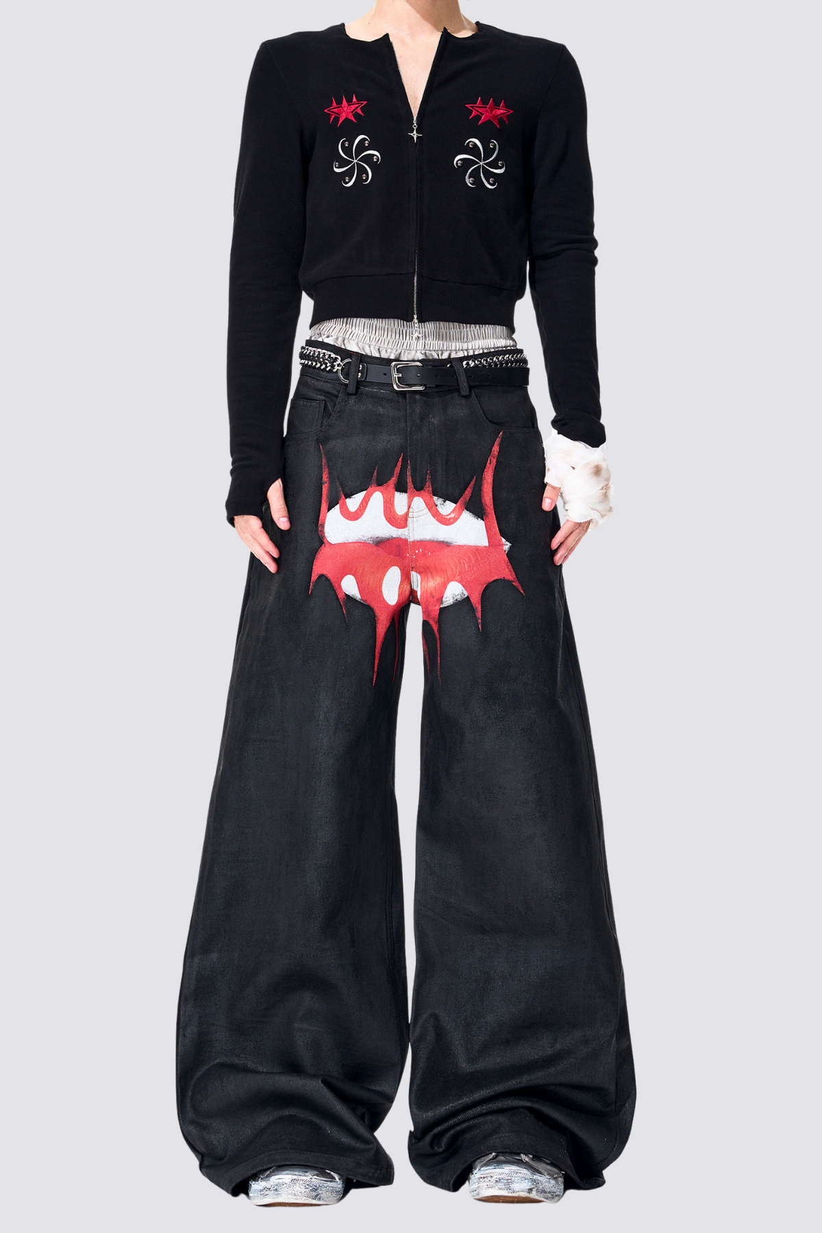 Pale Current Red Lip Rrint Wide Leg Jeans