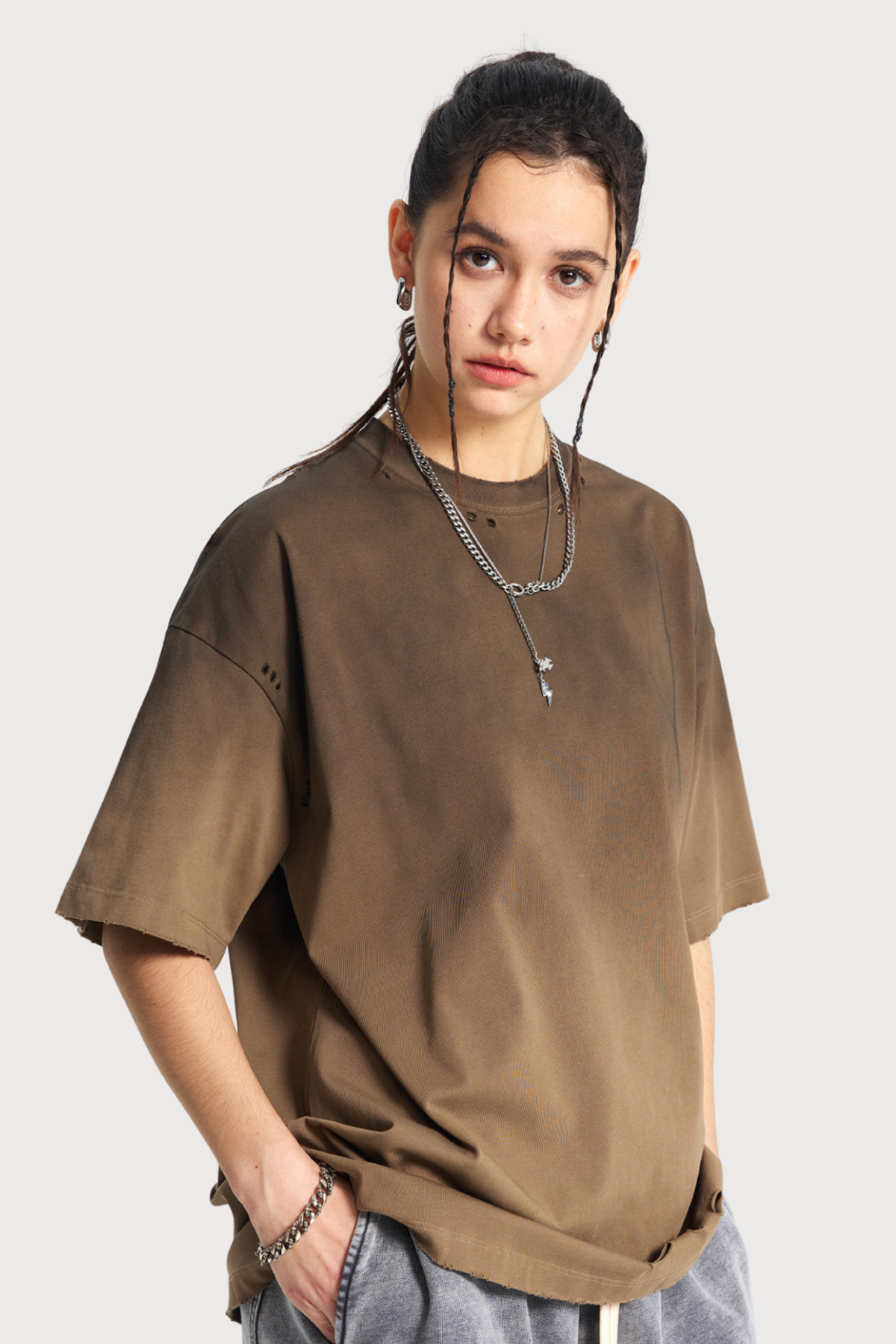 Pale Input Dye Ripped Top Brown