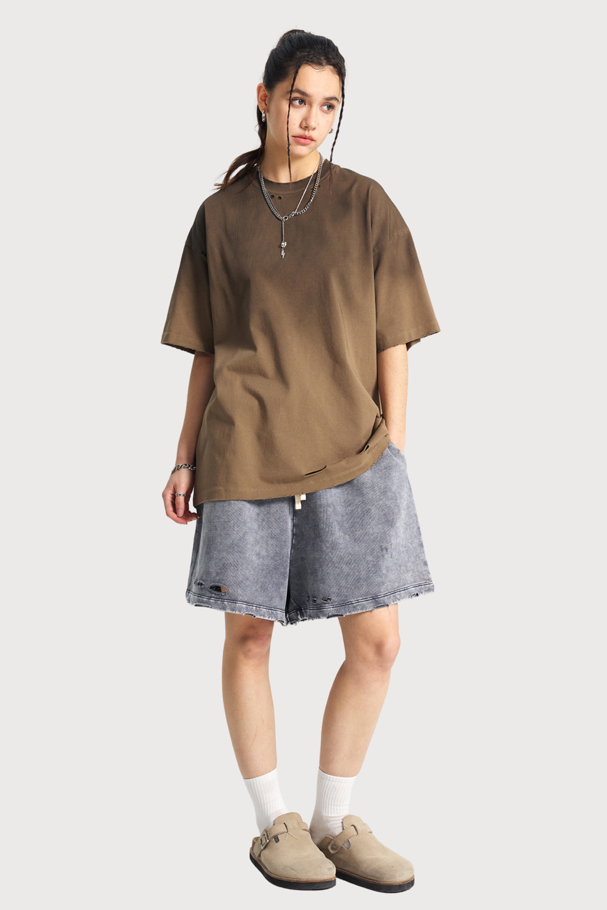 Pale Input Dye Ripped Top Brown