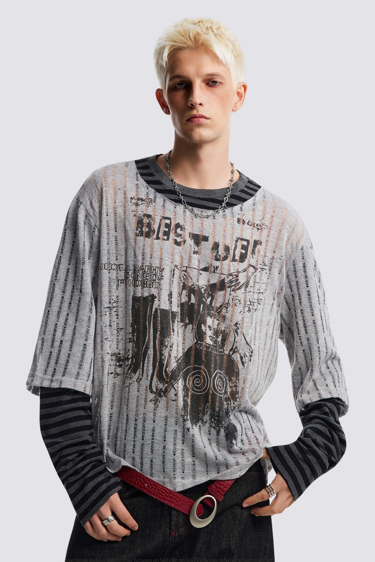 Pale Trace Striped Print Long Sleeve Top