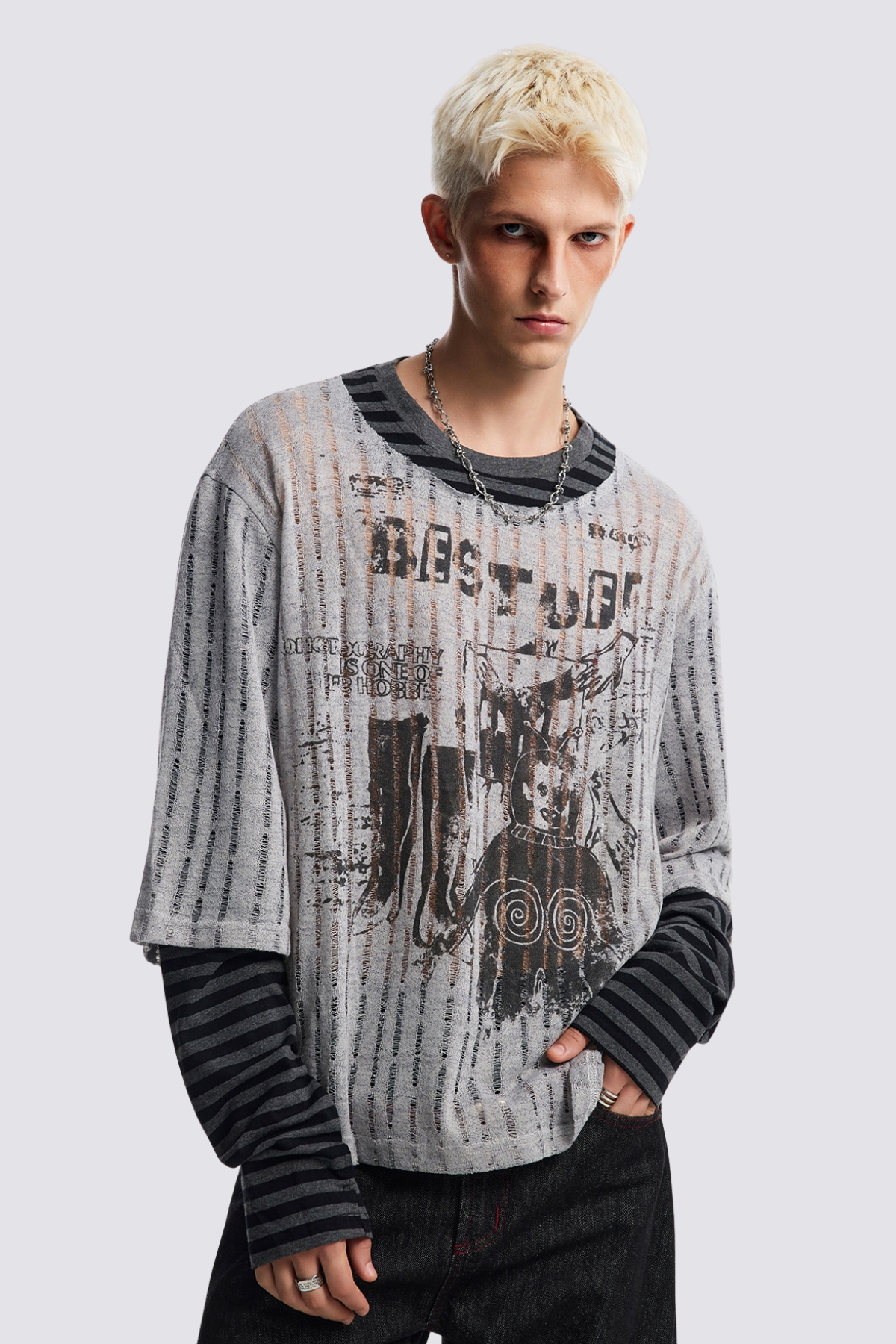 Pale Trace Striped Print Long Sleeve Top