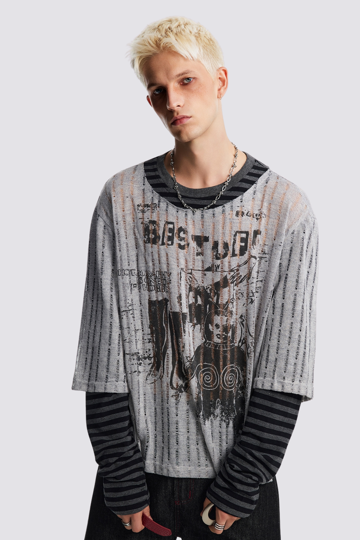 Pale Trace Striped Print Long Sleeve Top