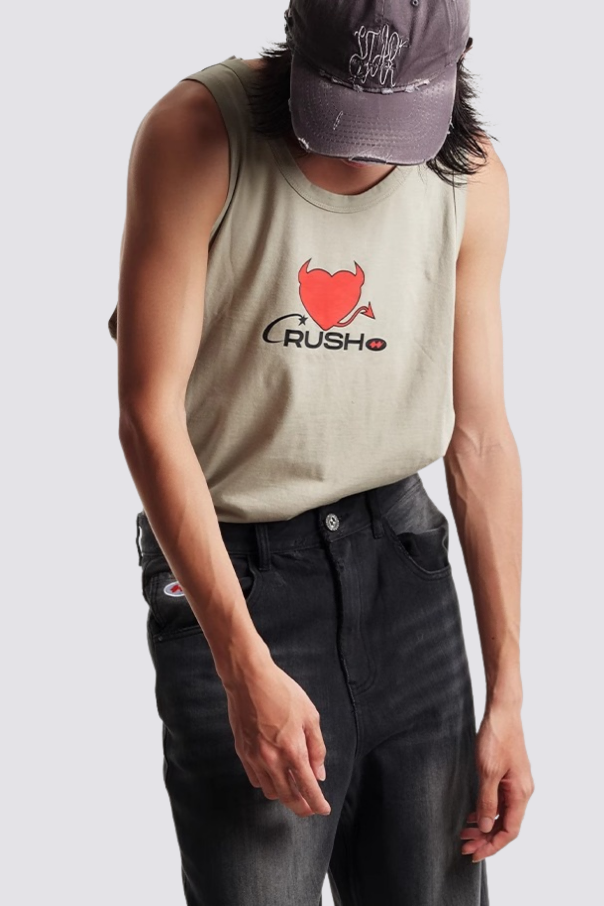 Petal Flame Devil Print Sleeveless Top Silver