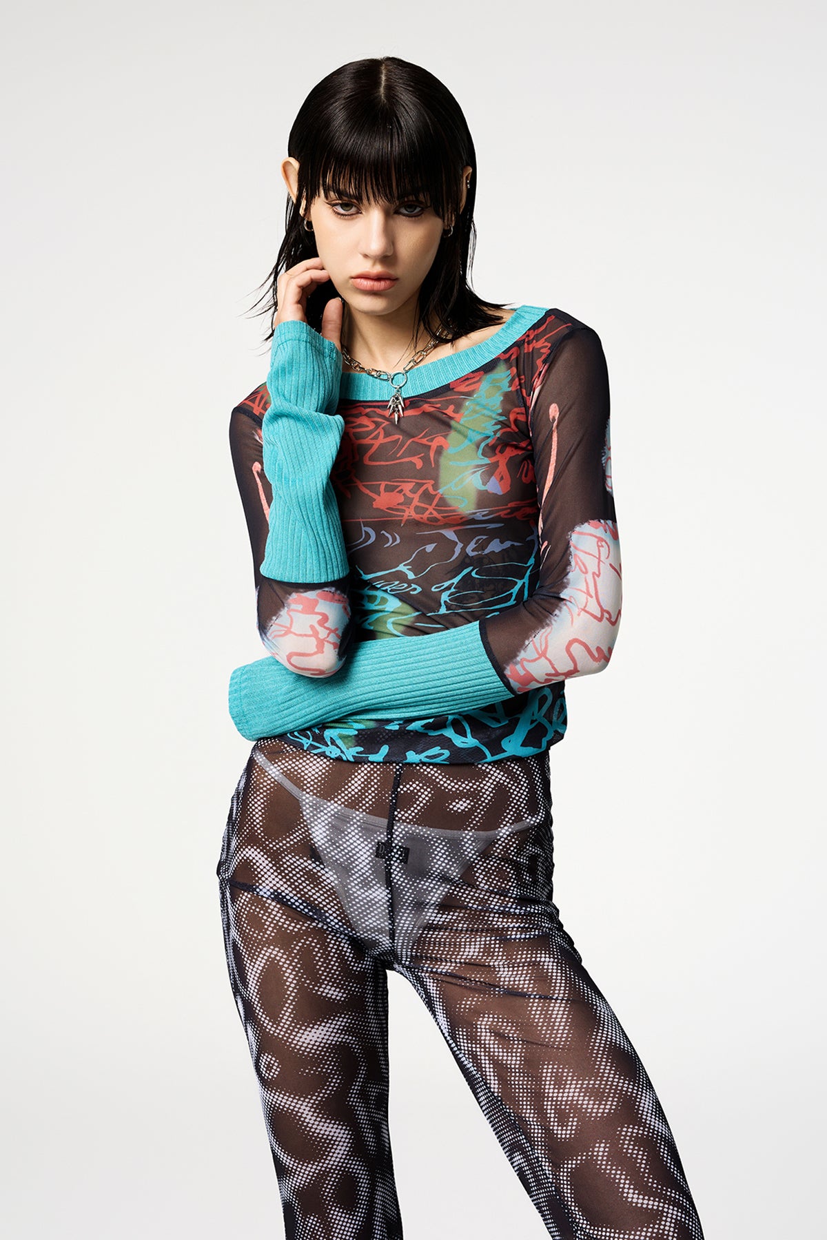 Pixel Crush Y2K Printed Long Sleeve Mesh Top