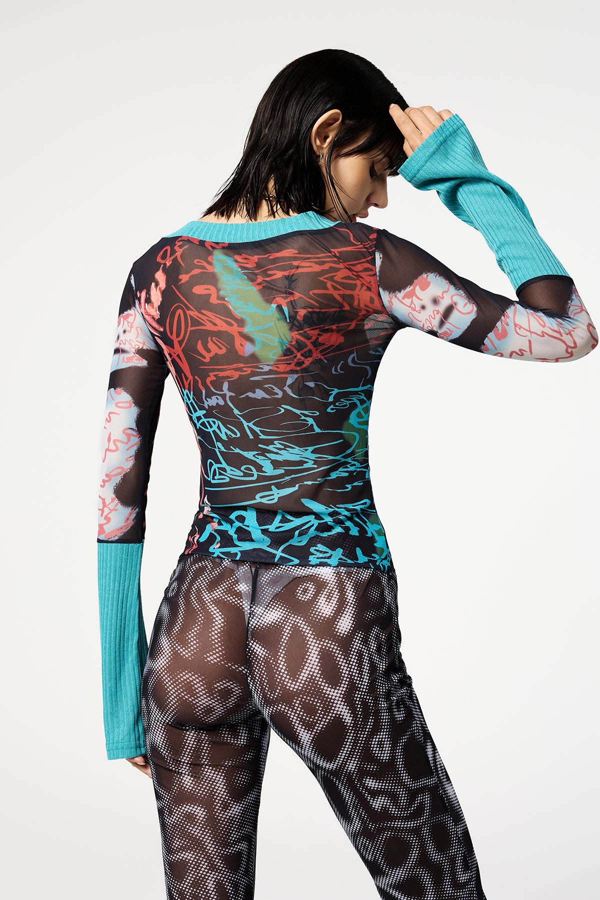 Pixel Crush Y2K Printed Long Sleeve Mesh Top