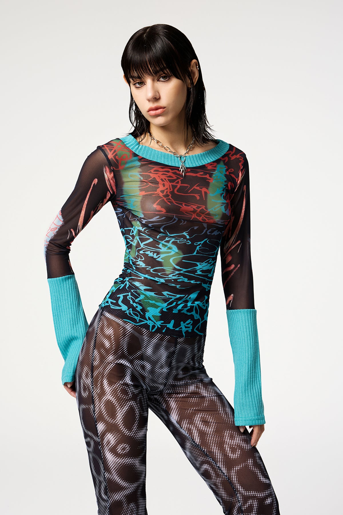 Pixel Crush Y2K Printed Long Sleeve Mesh Top
