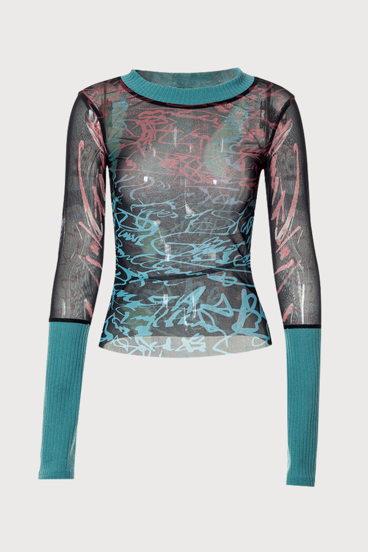 Pixel Crush Y2K Printed Long Sleeve Mesh Top