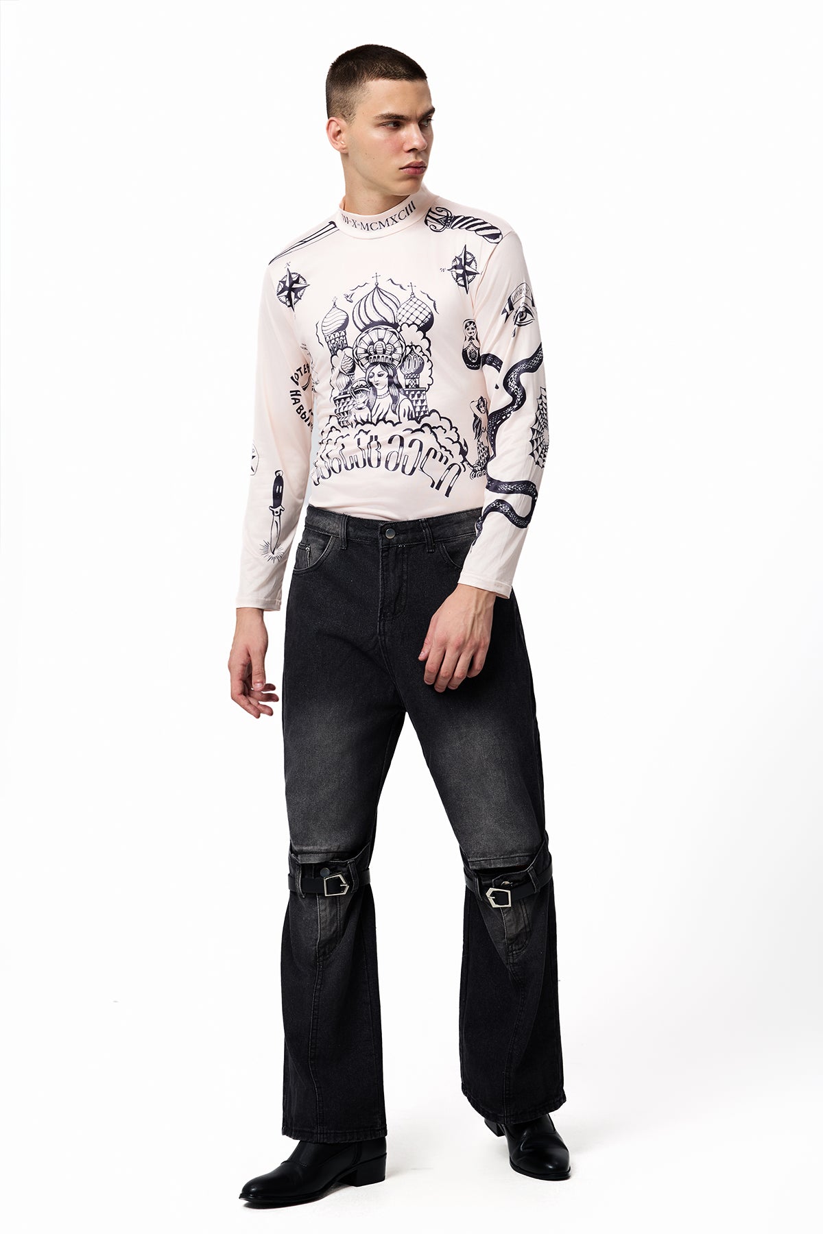 Plain Mark Long Sleeve Stretch Printed Top