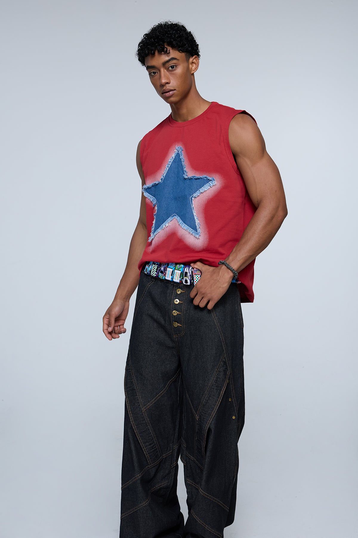Plain Hue Star Sleeveless Top Red