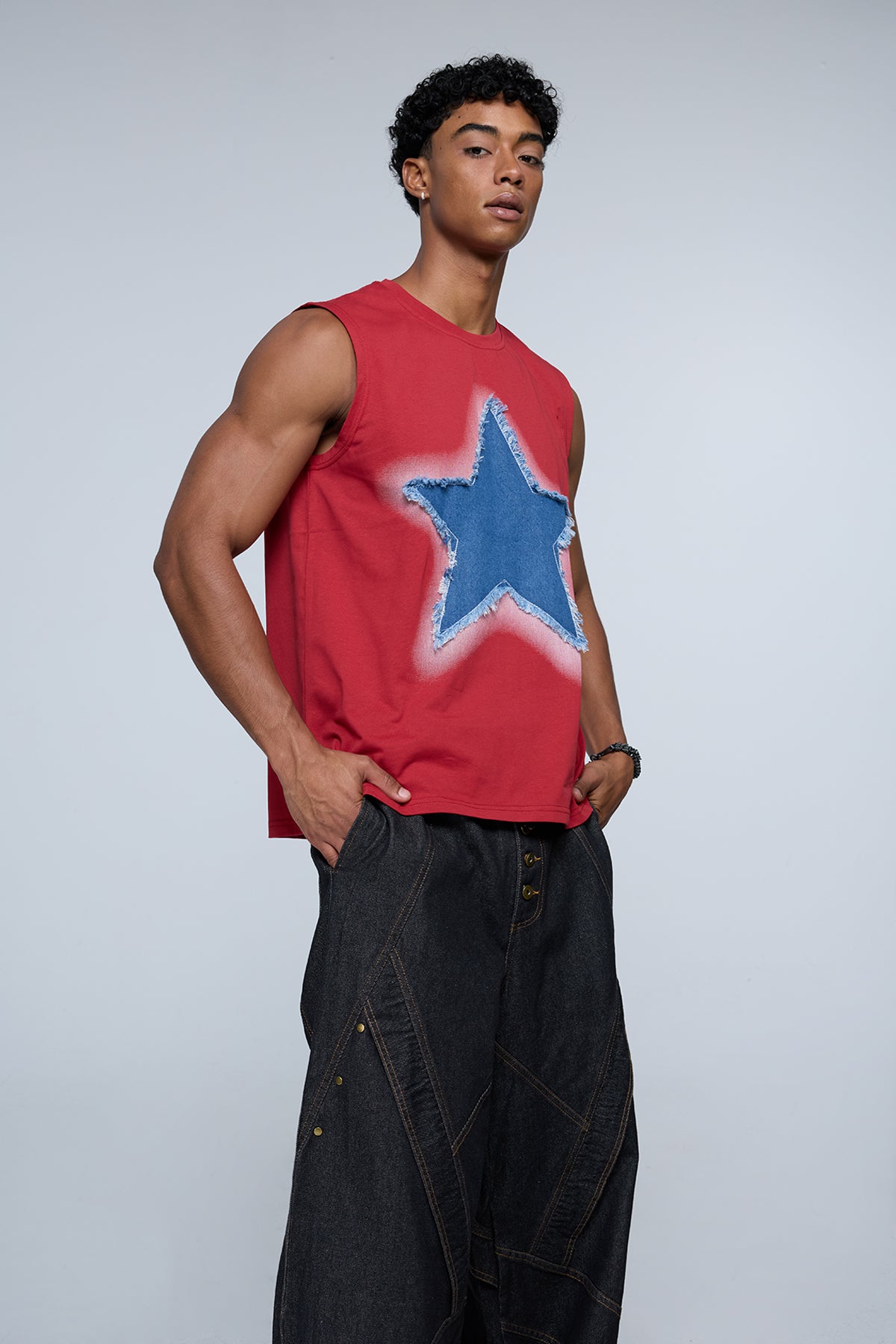 Plain Hue Star Sleeveless Top Red