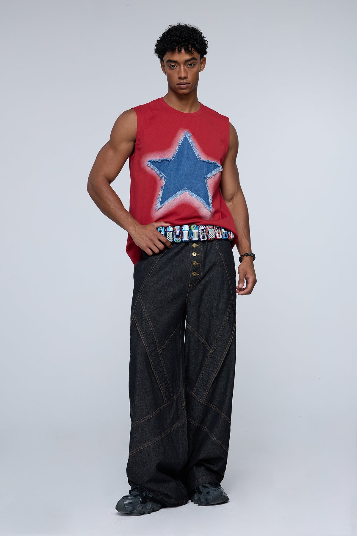 Plain Hue Star Sleeveless Top Red