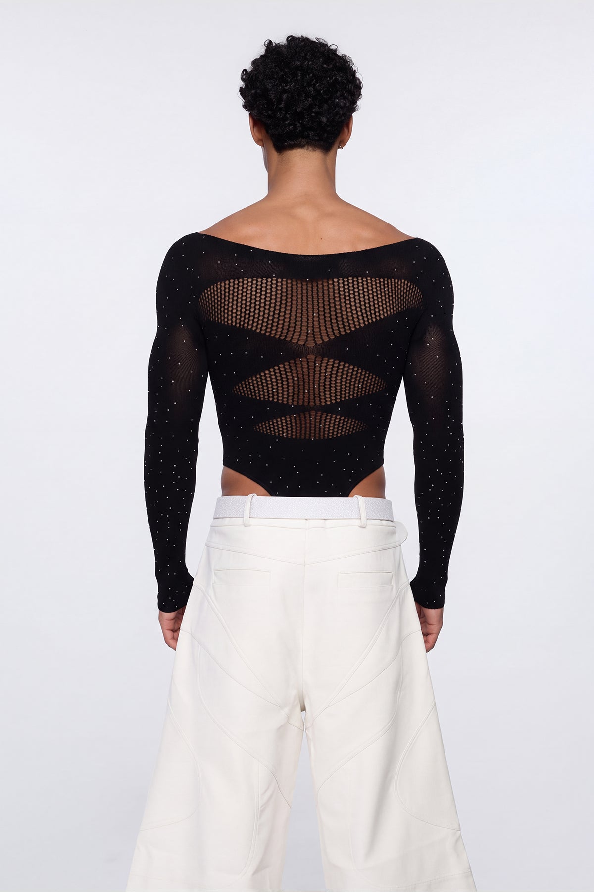 Polished Skin Fishnet Rhinestone Bodysuit Black
