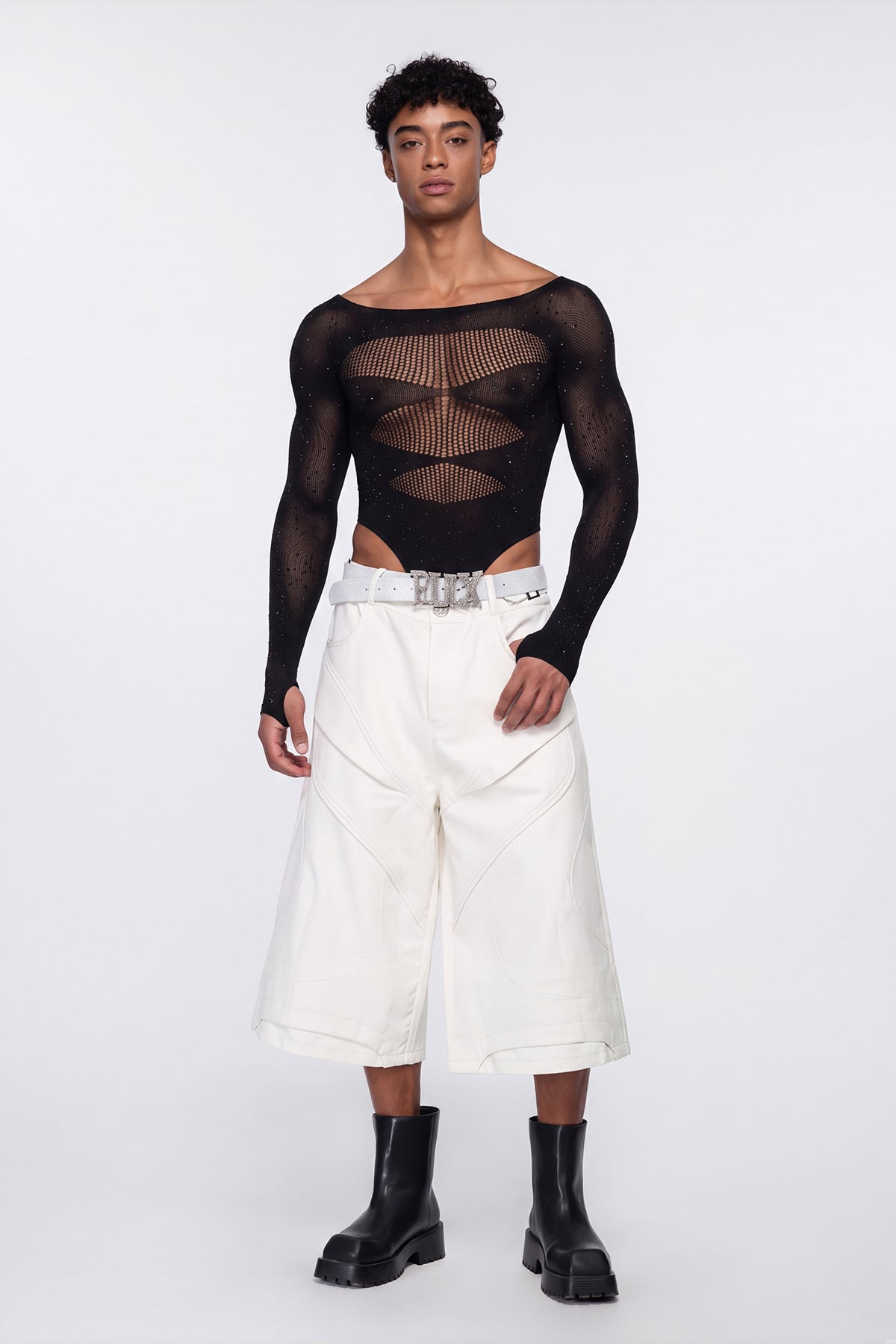 Polished Skin Fishnet Rhinestone Bodysuit Black