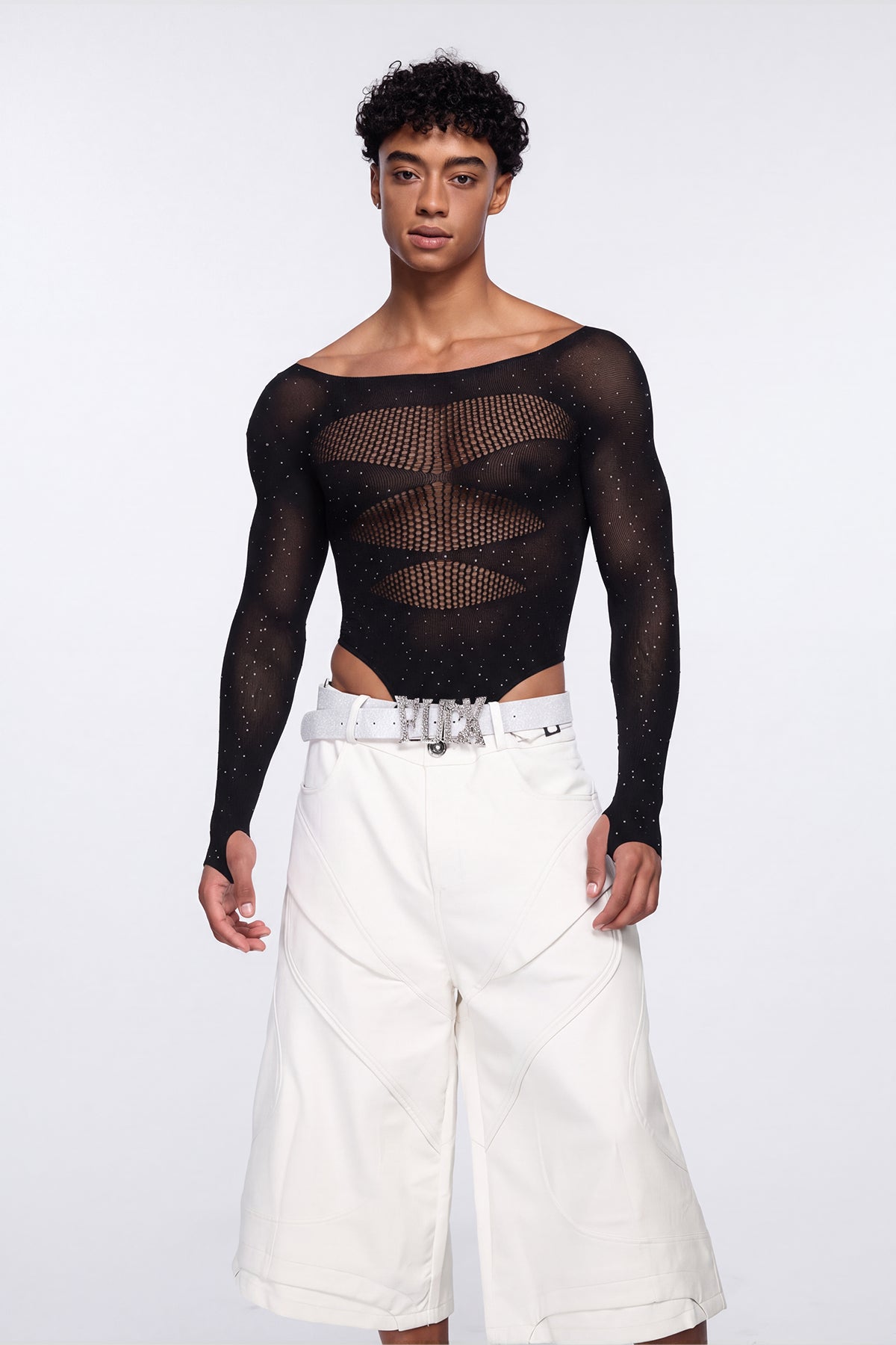 Polished Skin Fishnet Rhinestone Bodysuit Black