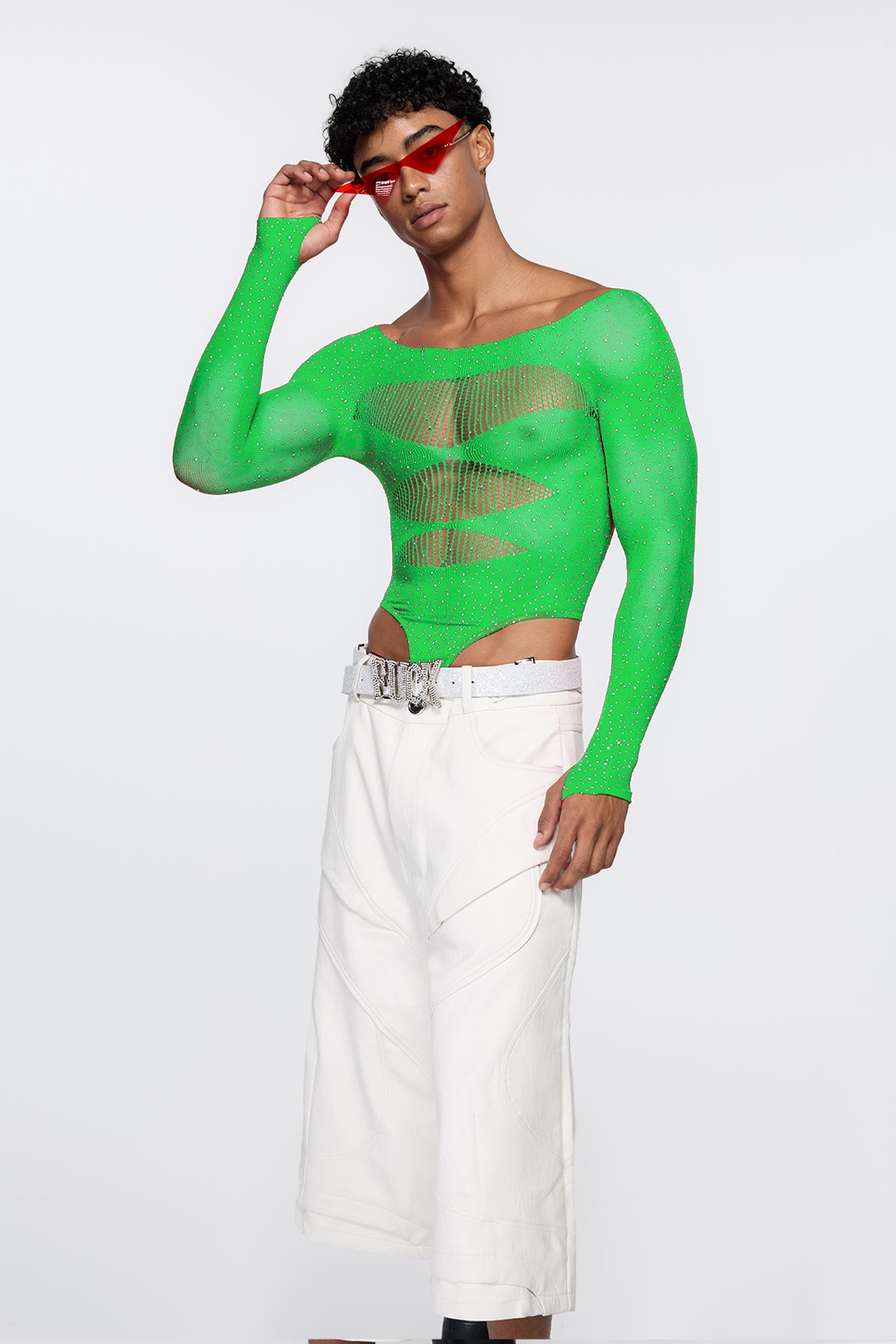 Polished Skin Fishnet Rhinestone Bodysuit Green